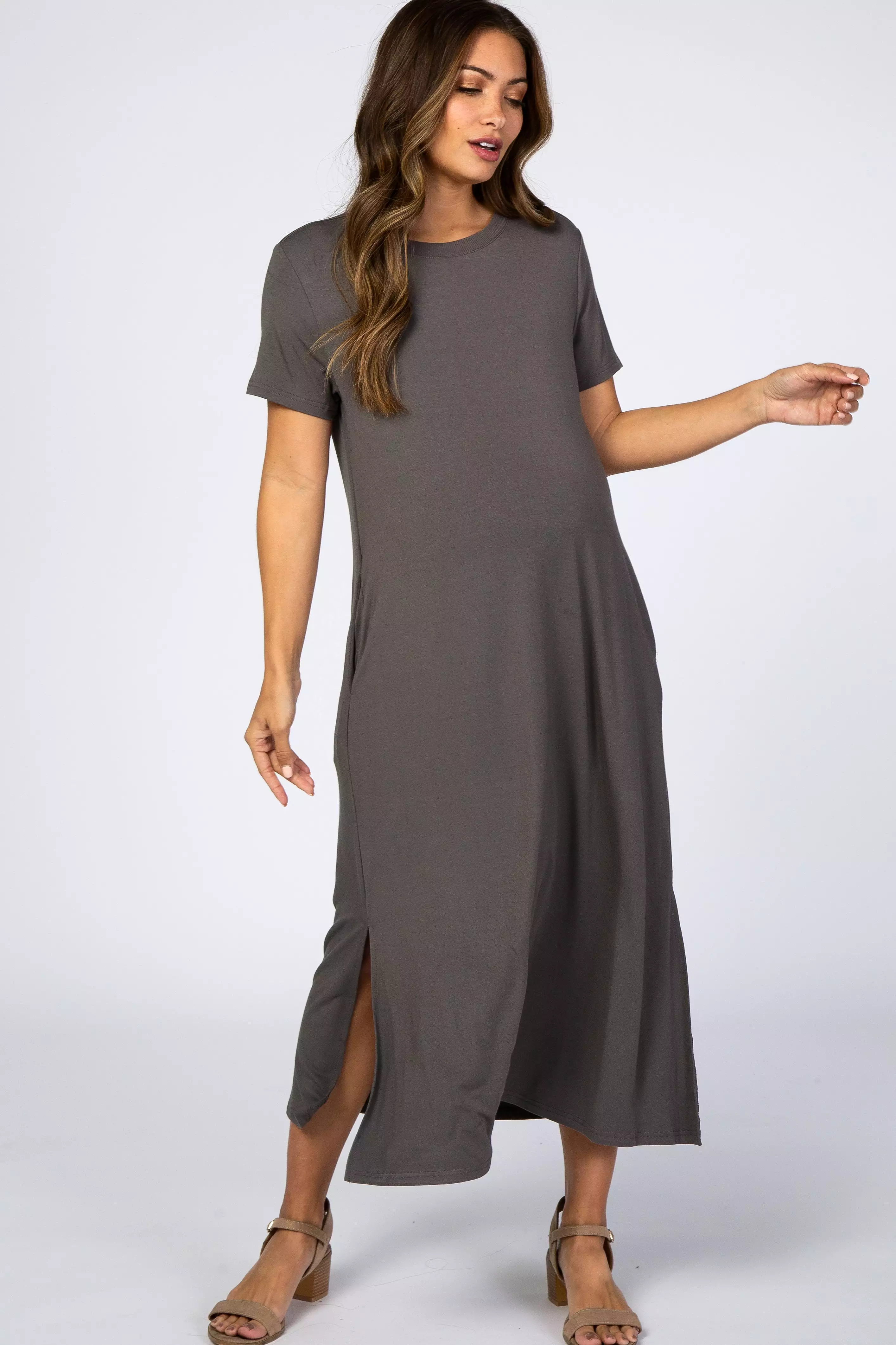 Charcoal Side Slit Maternity Midi Dress