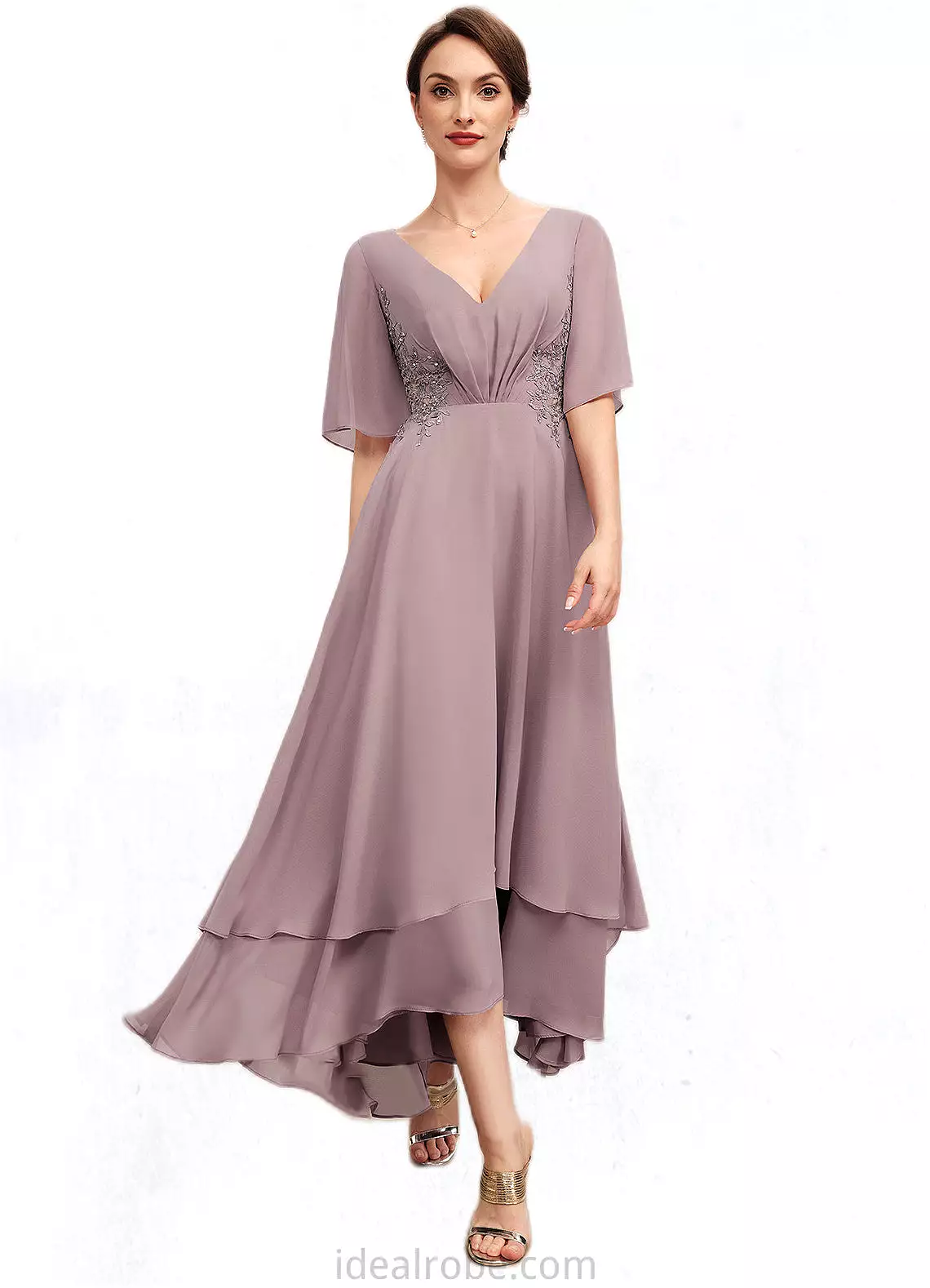 Chloe A-Line V-neck Asymmetrical Chiffon Mother of the Bride Dress With Ruffle Lace Beading STK126P0014839