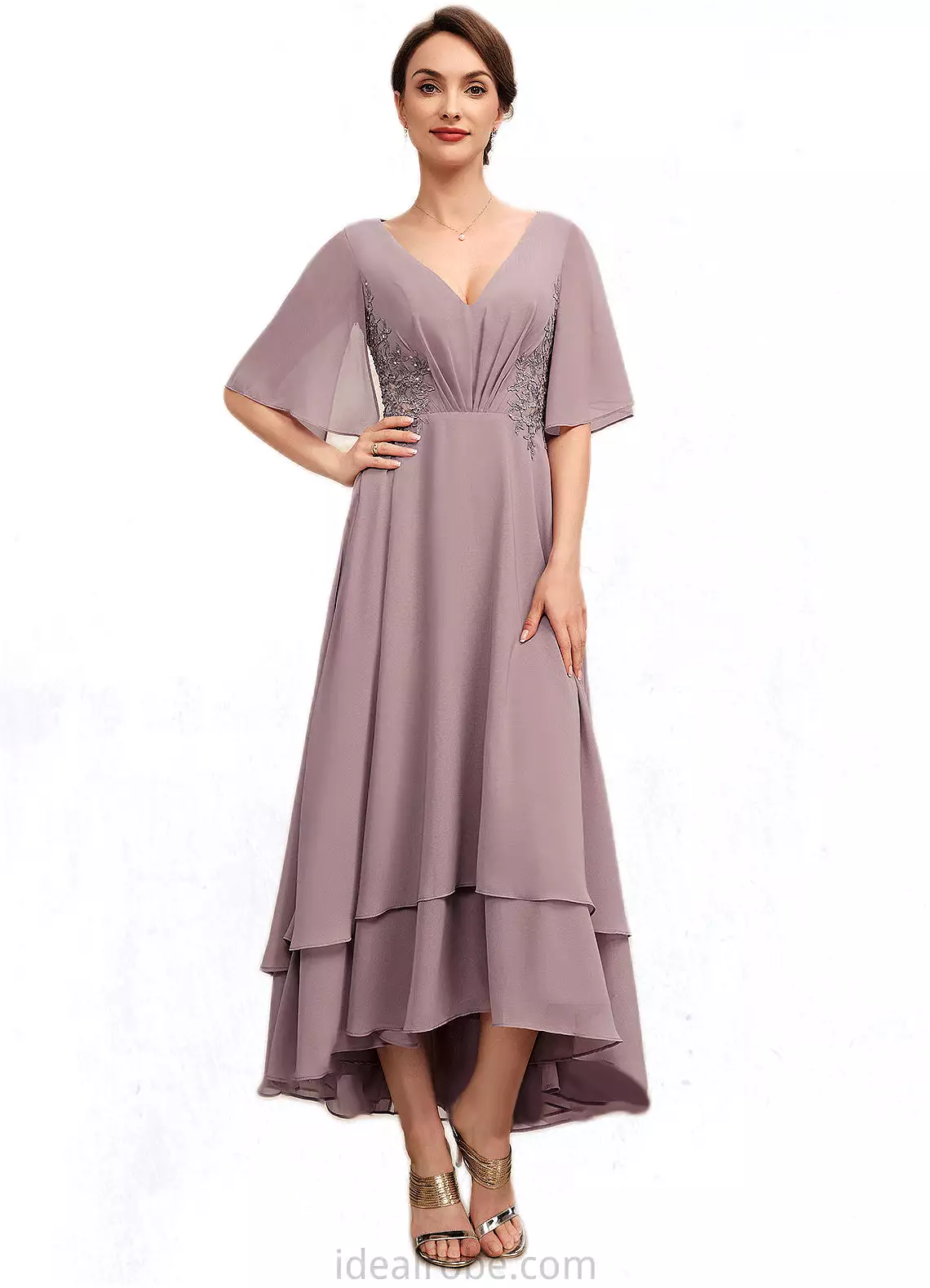 Chloe A-Line V-neck Asymmetrical Chiffon Mother of the Bride Dress With Ruffle Lace Beading STK126P0014839