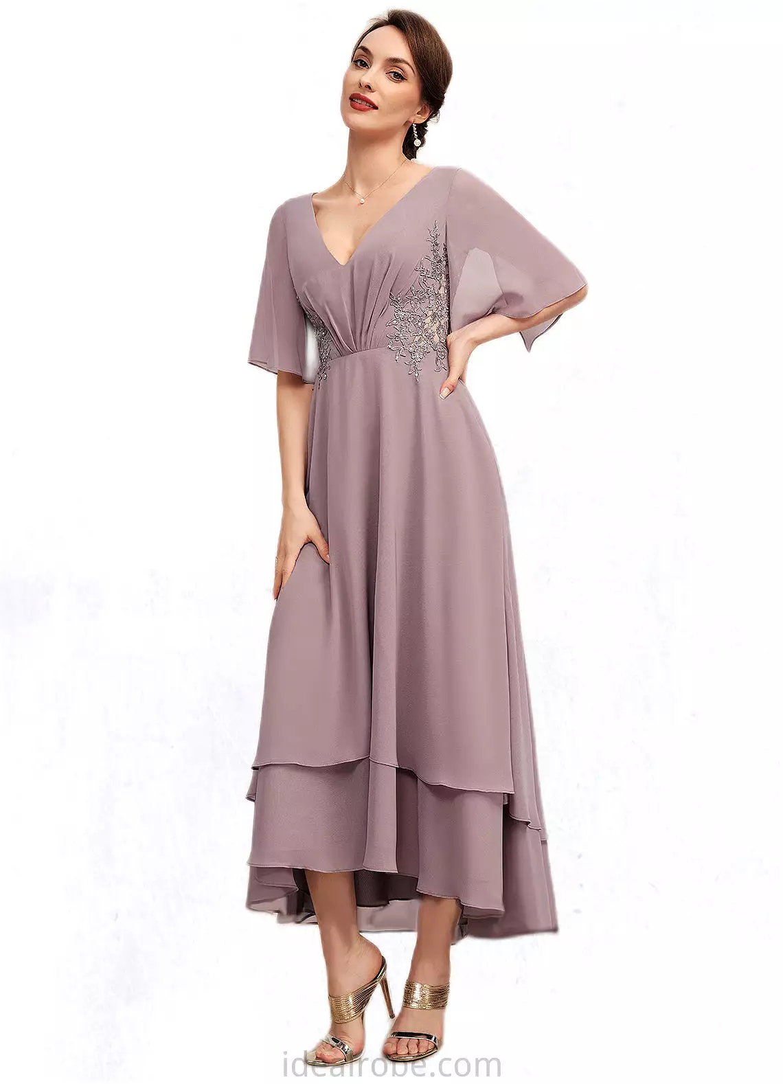 Chloe A-Line V-neck Asymmetrical Chiffon Mother of the Bride Dress With Ruffle Lace Beading STK126P0014839