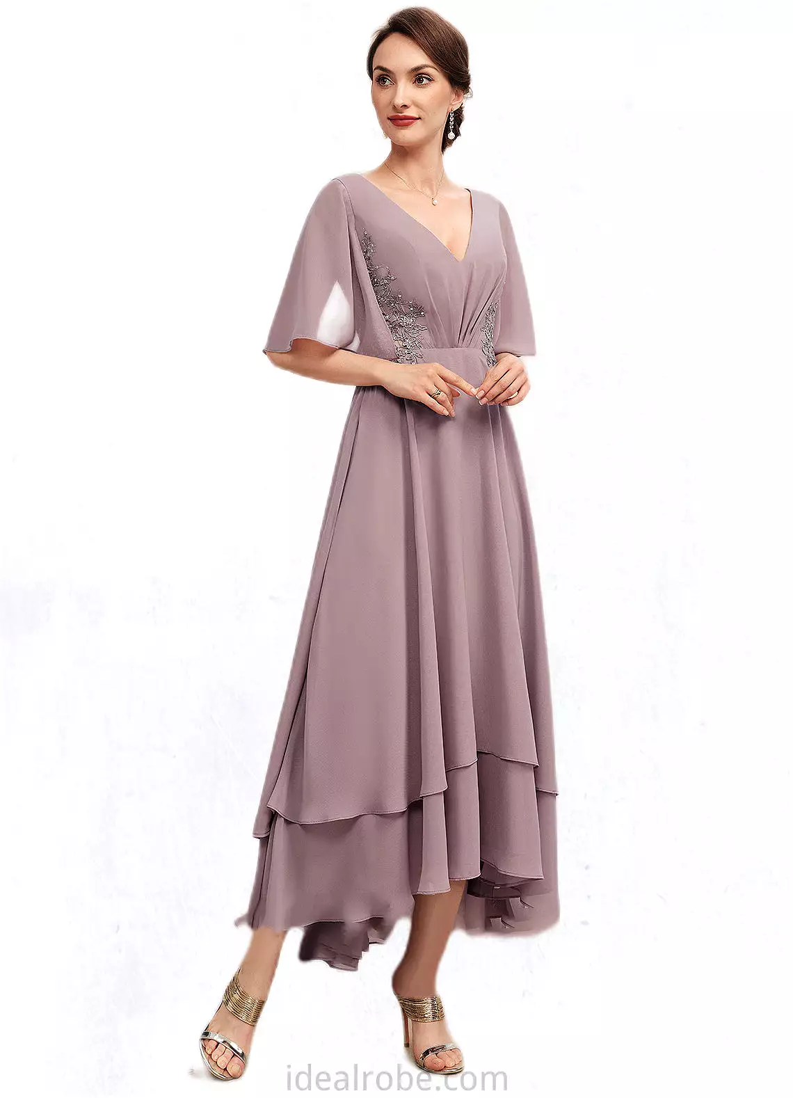 Chloe A-Line V-neck Asymmetrical Chiffon Mother of the Bride Dress With Ruffle Lace Beading STK126P0014839