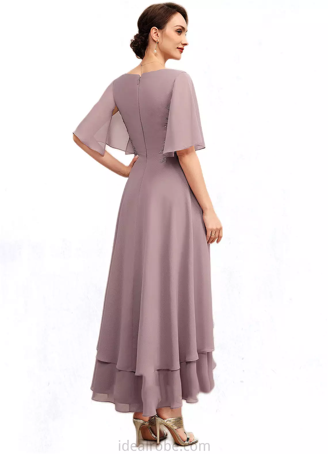 Chloe A-Line V-neck Asymmetrical Chiffon Mother of the Bride Dress With Ruffle Lace Beading STK126P0014839