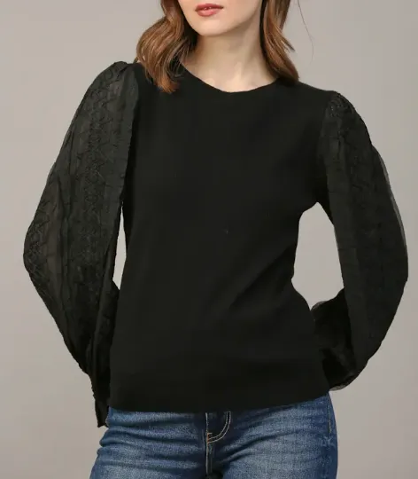 Contrast Woven Sleeve Crew Neck Sweater - Black