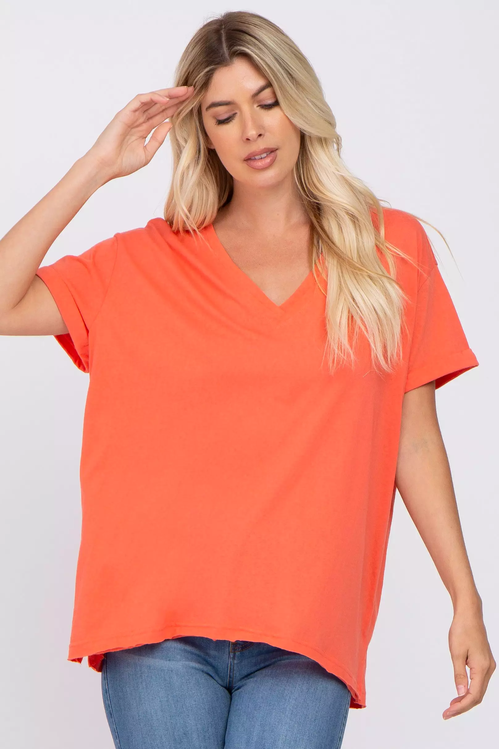 Coral Basic Rolled Short Sleeve Maternity Top