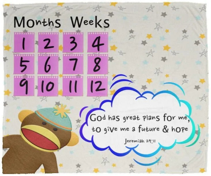 Cozy Plush Baby Milestone Blanket - God Has Great Plans For Me ~Jeremiah 29:11~ (Design: Monkey)