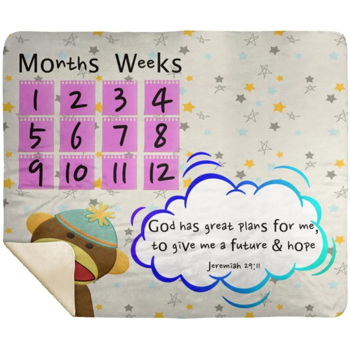 Cozy Plush Baby Milestone Blanket - God Has Great Plans For Me ~Jeremiah 29:11~ (Design: Monkey)