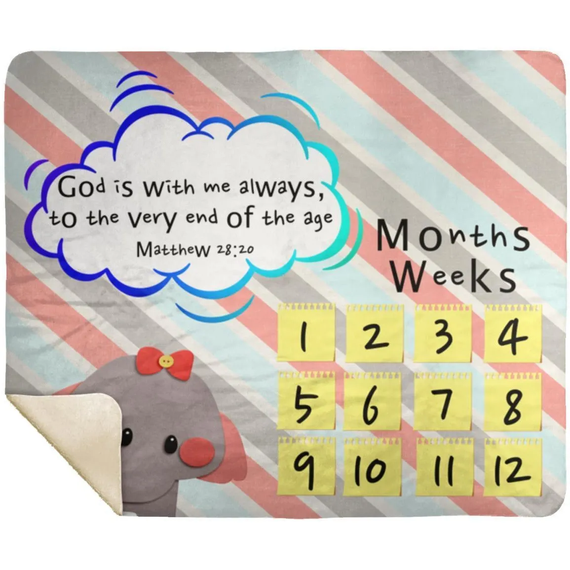 Cozy Plush Baby Milestone Blanket - God Is With Me Always ~Matthew 28:20~ (Design: Elephant)