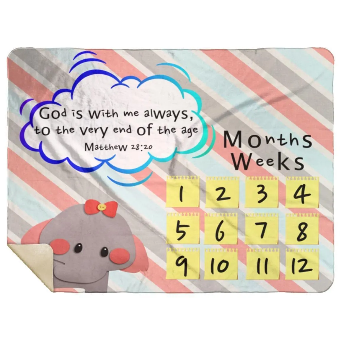 Cozy Plush Baby Milestone Blanket - God Is With Me Always ~Matthew 28:20~ (Design: Elephant)