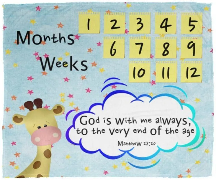 Cozy Plush Baby Milestone Blanket - God Is With Me Always ~Matthew 28:20~ (Design: Giraffe 2)