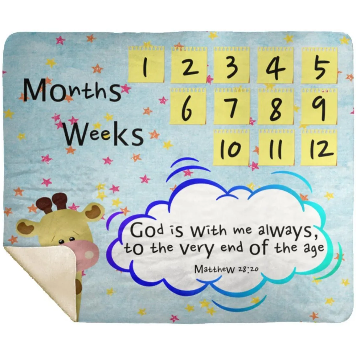 Cozy Plush Baby Milestone Blanket - God Is With Me Always ~Matthew 28:20~ (Design: Giraffe 2)