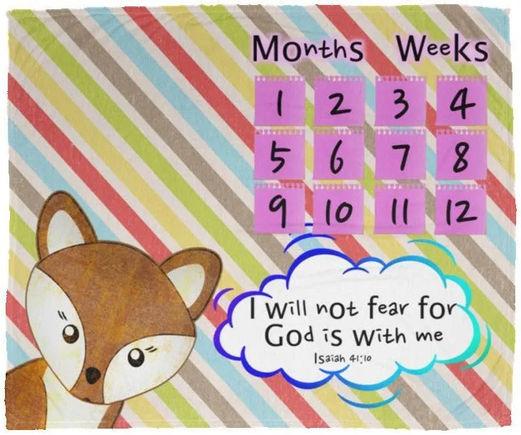 Cozy Plush Baby Milestone Blanket - God Is With Me ~Isaiah 41:10~ (Design: Fox)