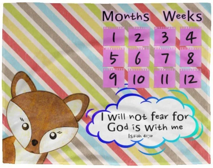 Cozy Plush Baby Milestone Blanket - God Is With Me ~Isaiah 41:10~ (Design: Fox)