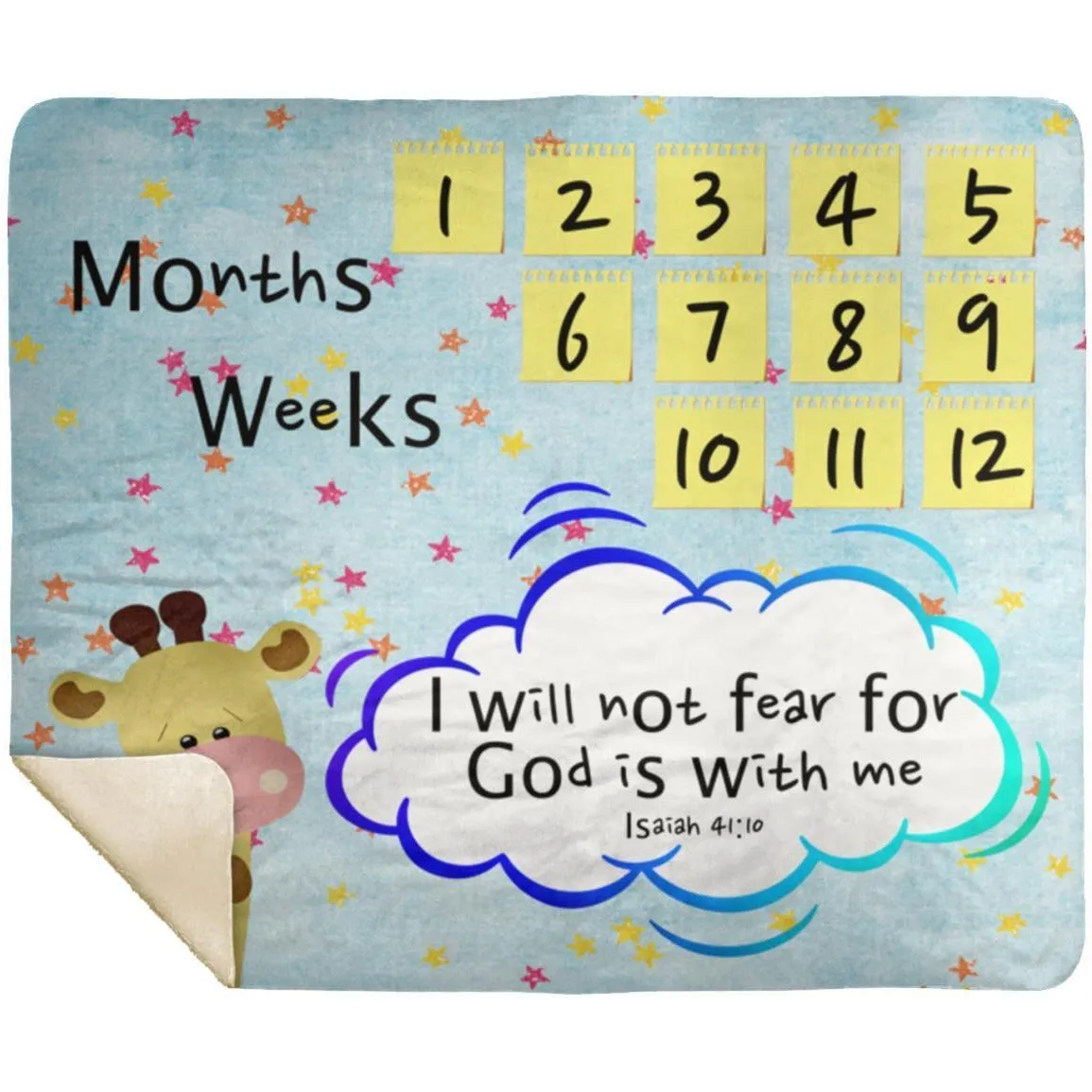 Cozy Plush Baby Milestone Blanket - God Is With Me ~Isaiah 41:10~ (Design: Giraffe 2)