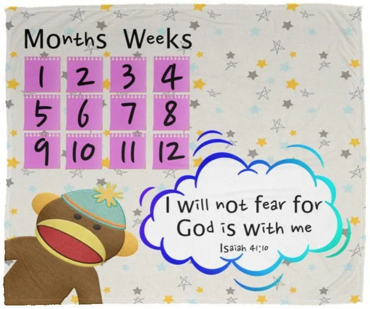 Cozy Plush Baby Milestone Blanket - God Is With Me ~Isaiah 41:10~ (Design: Monkey)