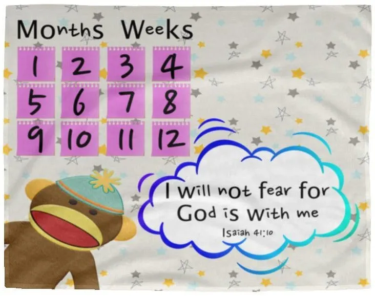 Cozy Plush Baby Milestone Blanket - God Is With Me ~Isaiah 41:10~ (Design: Monkey)