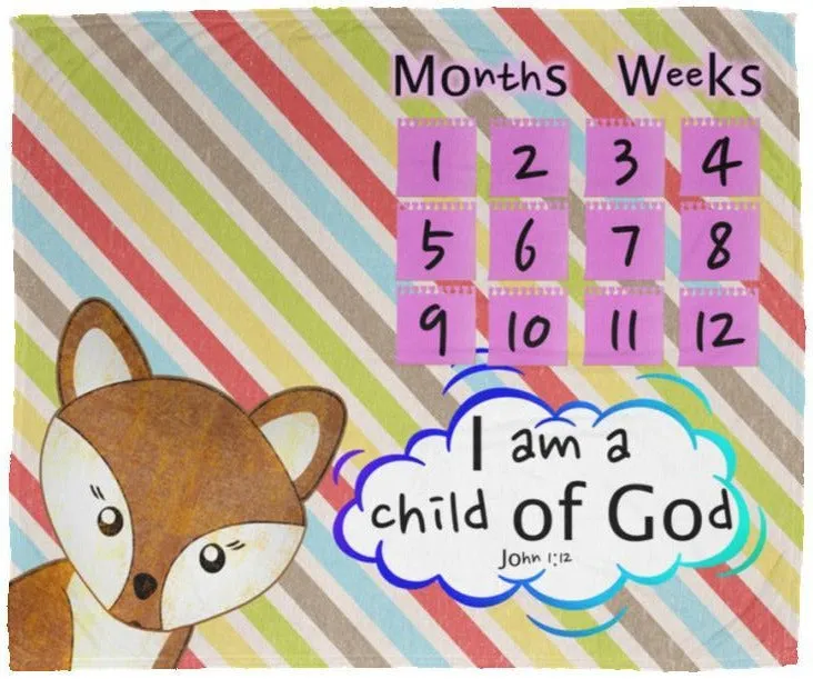 Cozy Plush Baby Milestone Blanket - I Am A Child Of God ~John 1:12~ (Design: Fox)