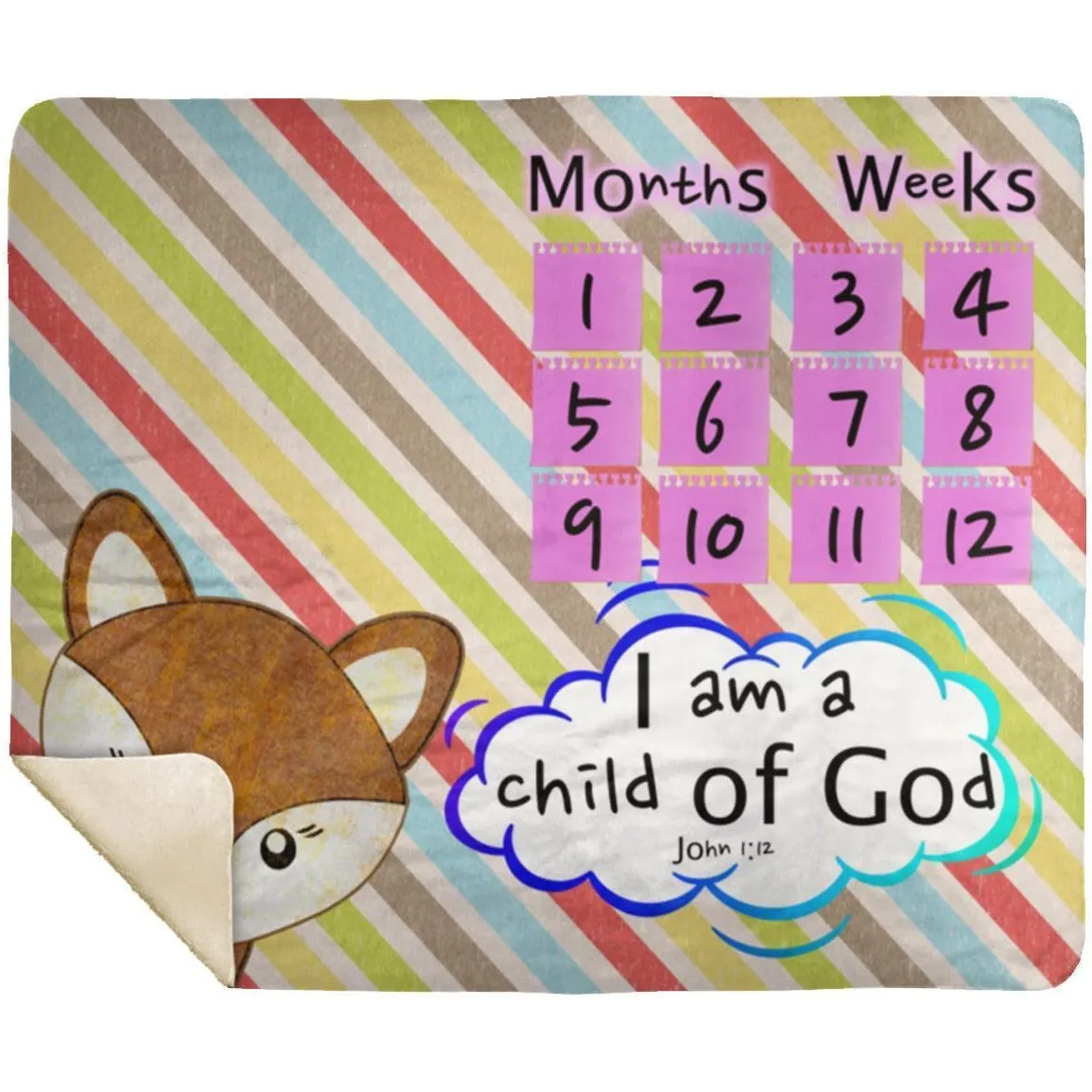 Cozy Plush Baby Milestone Blanket - I Am A Child Of God ~John 1:12~ (Design: Fox)