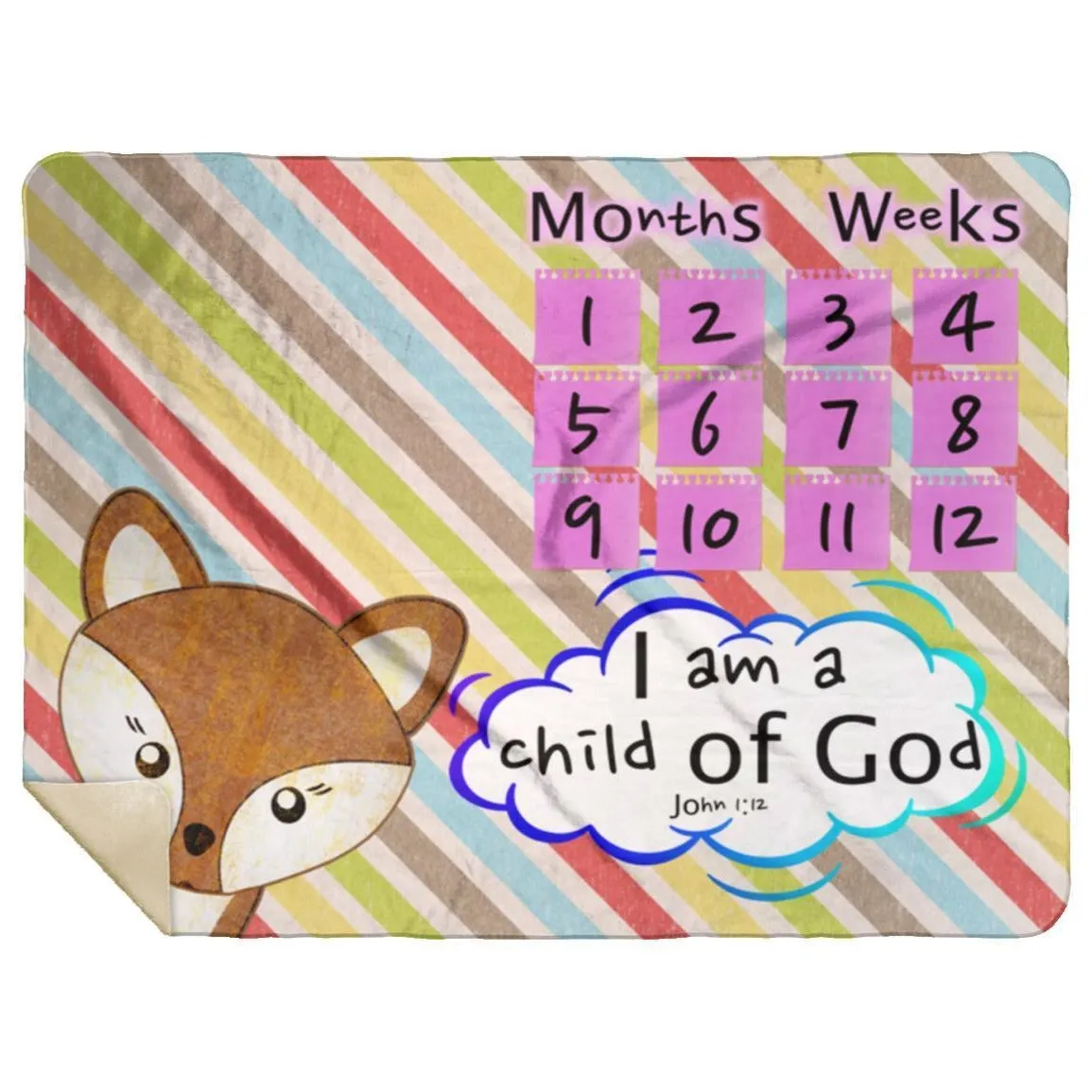 Cozy Plush Baby Milestone Blanket - I Am A Child Of God ~John 1:12~ (Design: Fox)