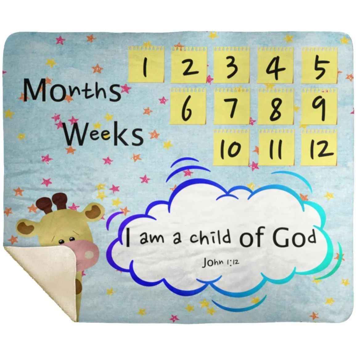 Cozy Plush Baby Milestone Blanket - I Am A Child Of God ~John 1:12~ (Design: Giraffe 2)