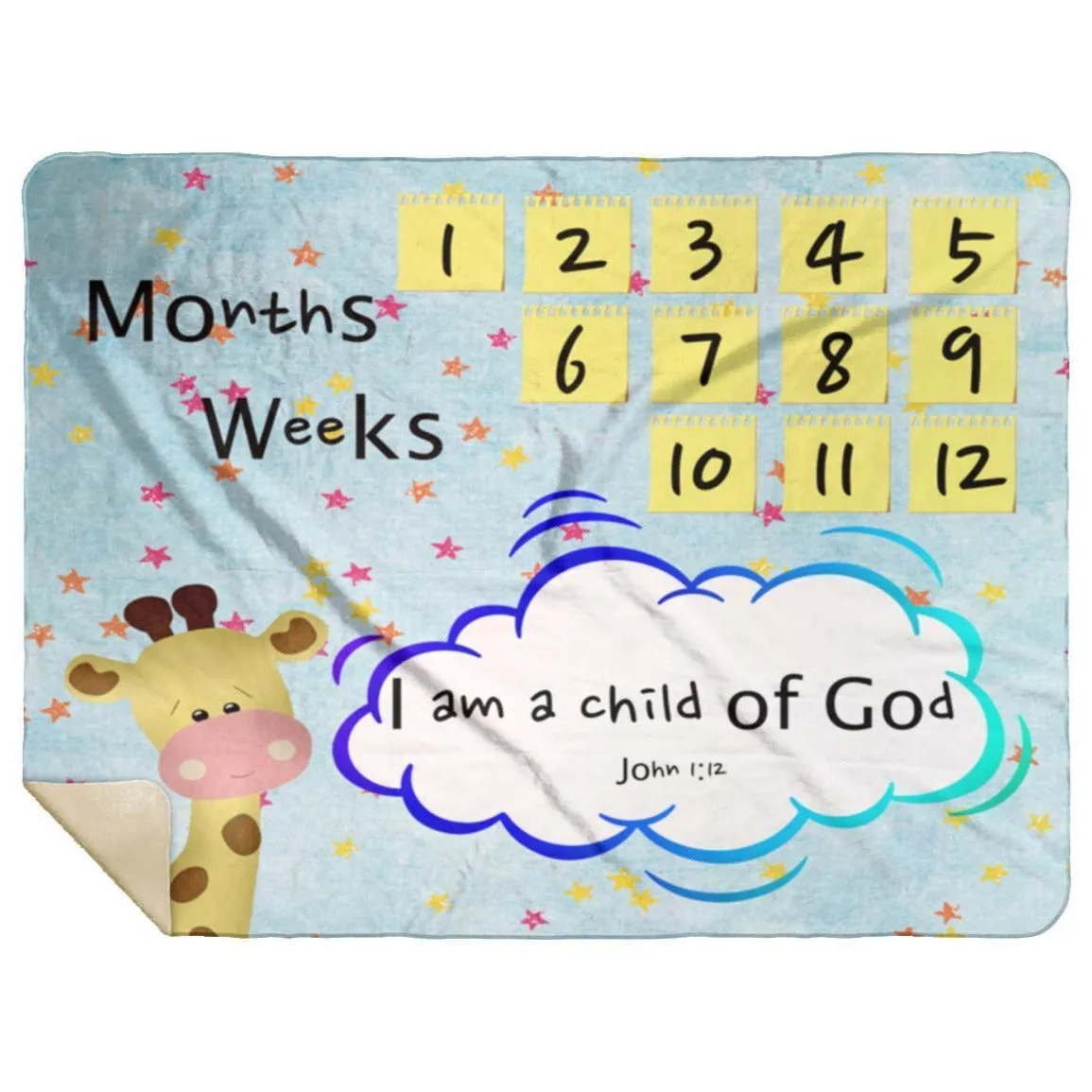 Cozy Plush Baby Milestone Blanket - I Am A Child Of God ~John 1:12~ (Design: Giraffe 2)