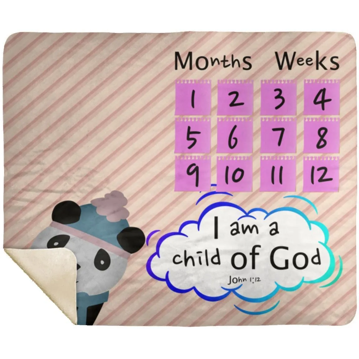 Cozy Plush Baby Milestone Blanket - I Am A Child Of God ~John 1:12~ (Design: Panda 2)