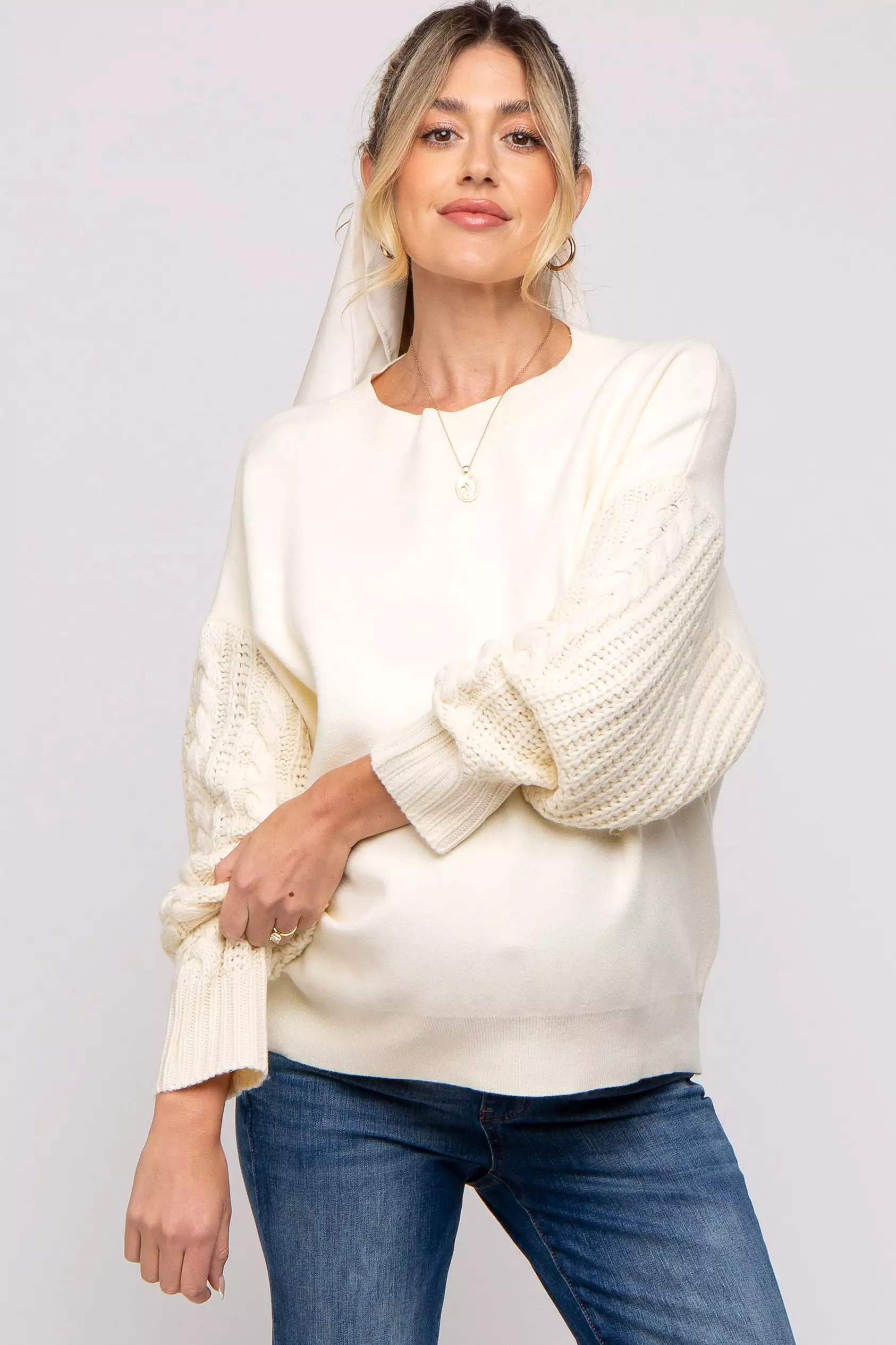 Cream Cable Knit Sleeve Maternity Sweater