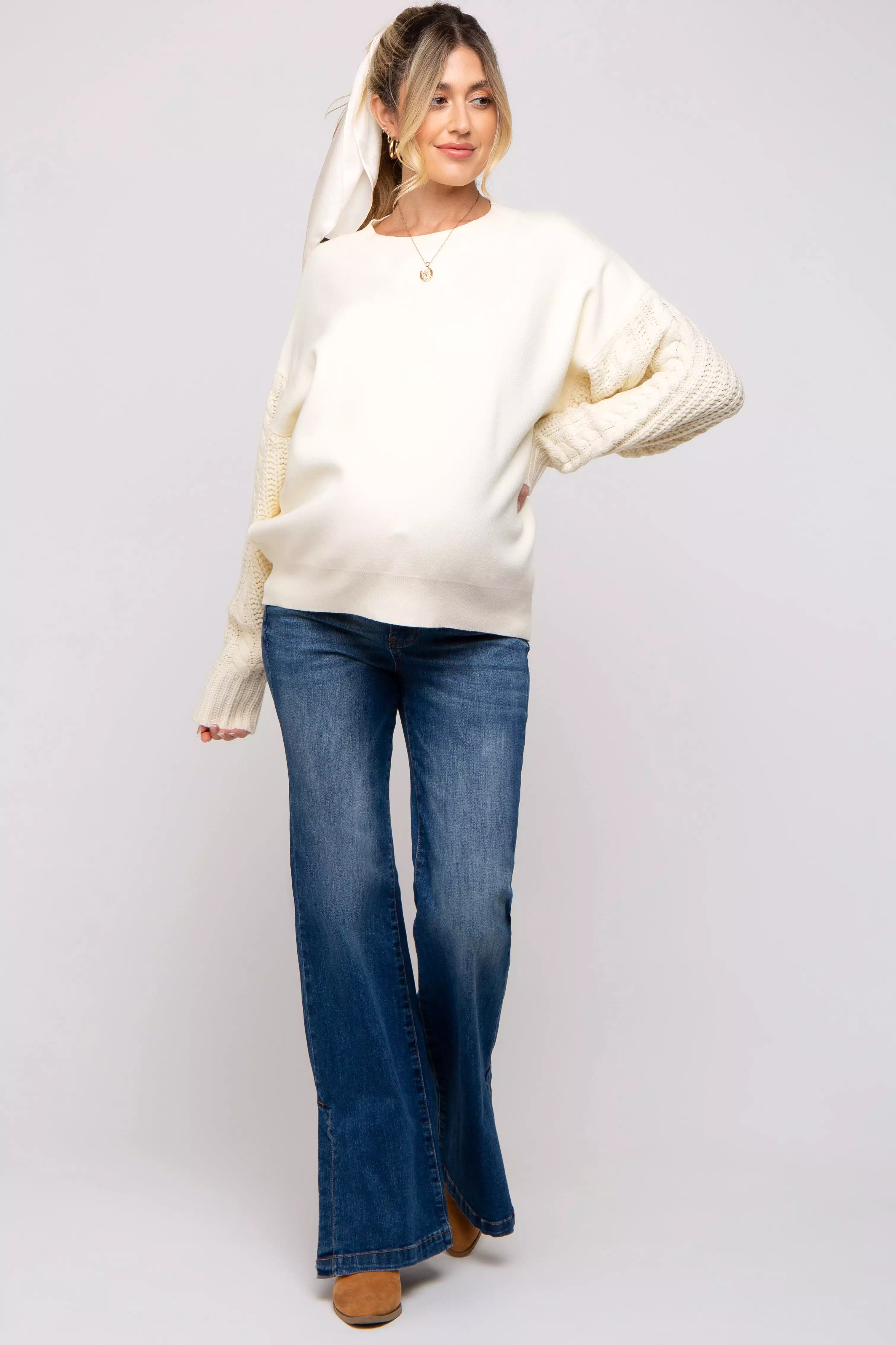 Cream Cable Knit Sleeve Maternity Sweater