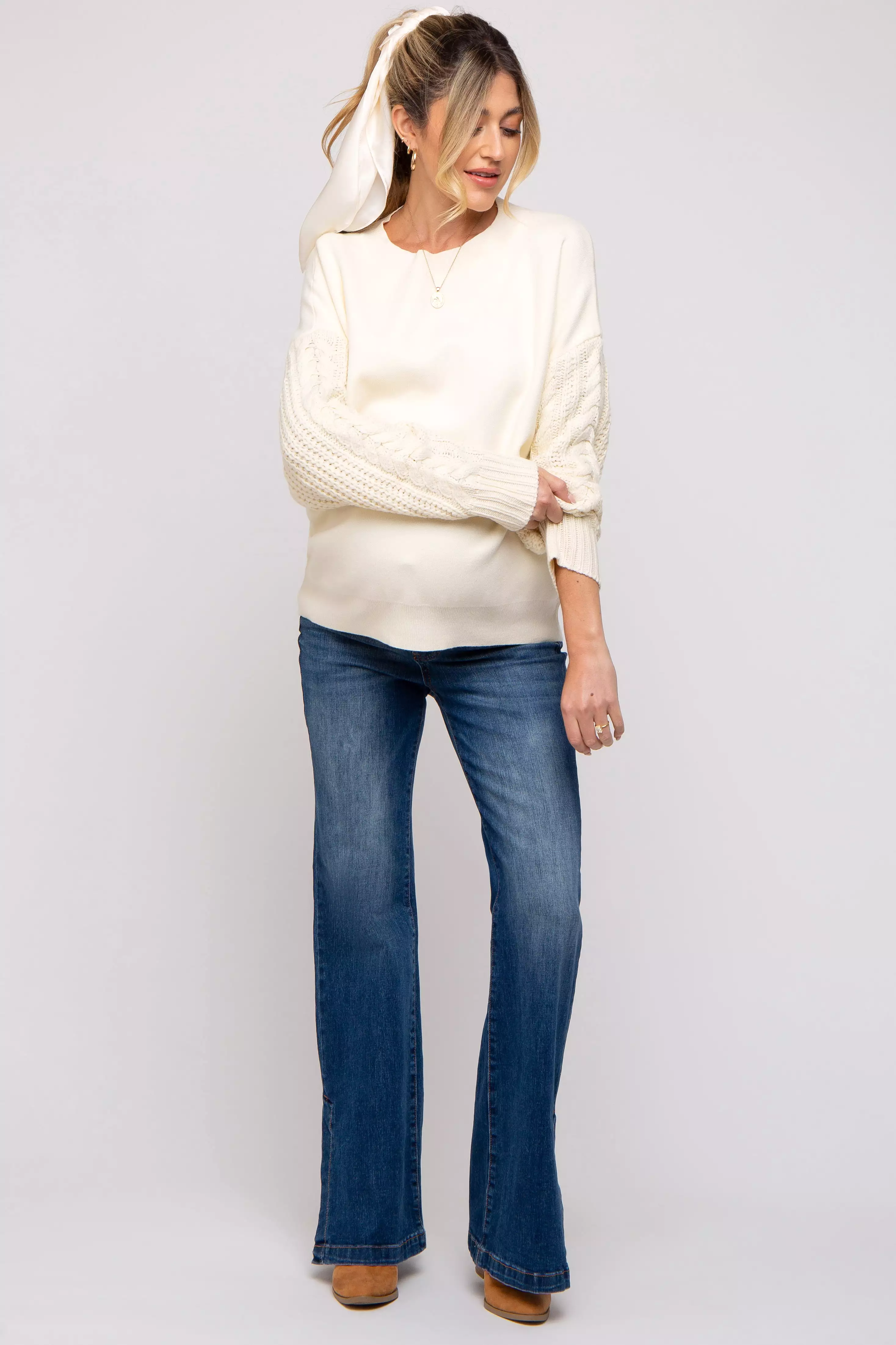 Cream Cable Knit Sleeve Maternity Sweater