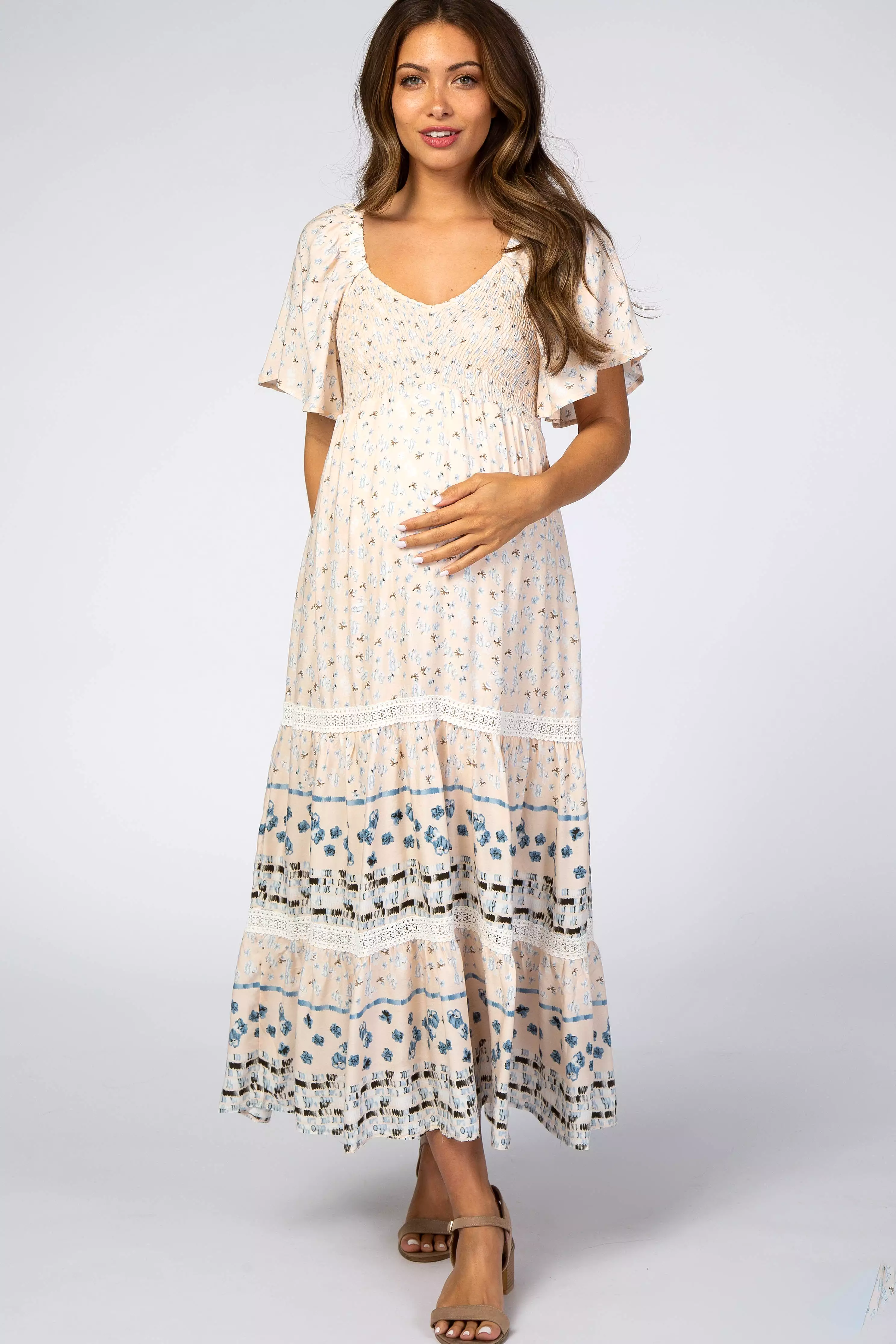 Cream Printed Smocked Maternity Midi Dress