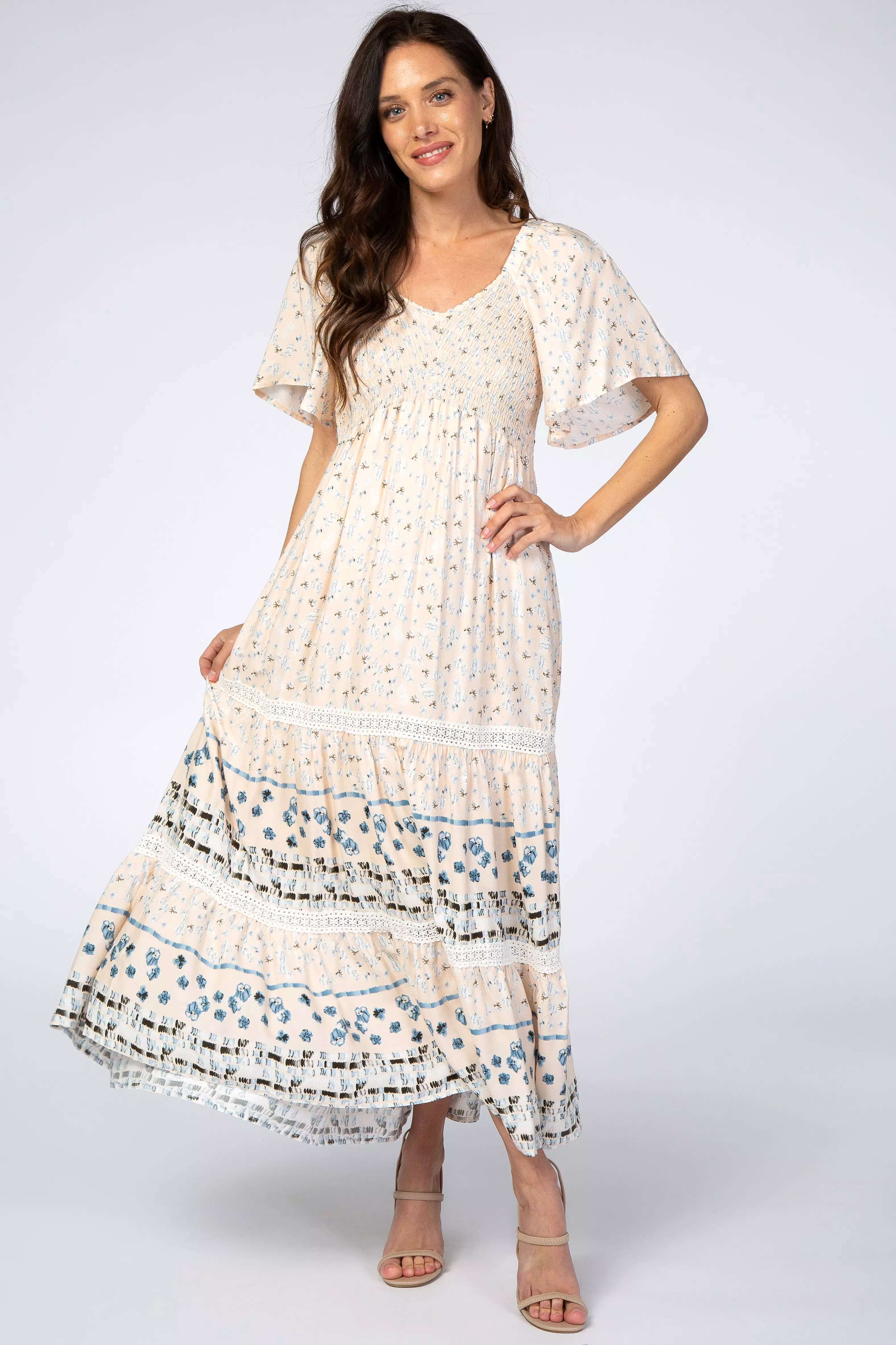 Cream Printed Smocked Maternity Midi Dress