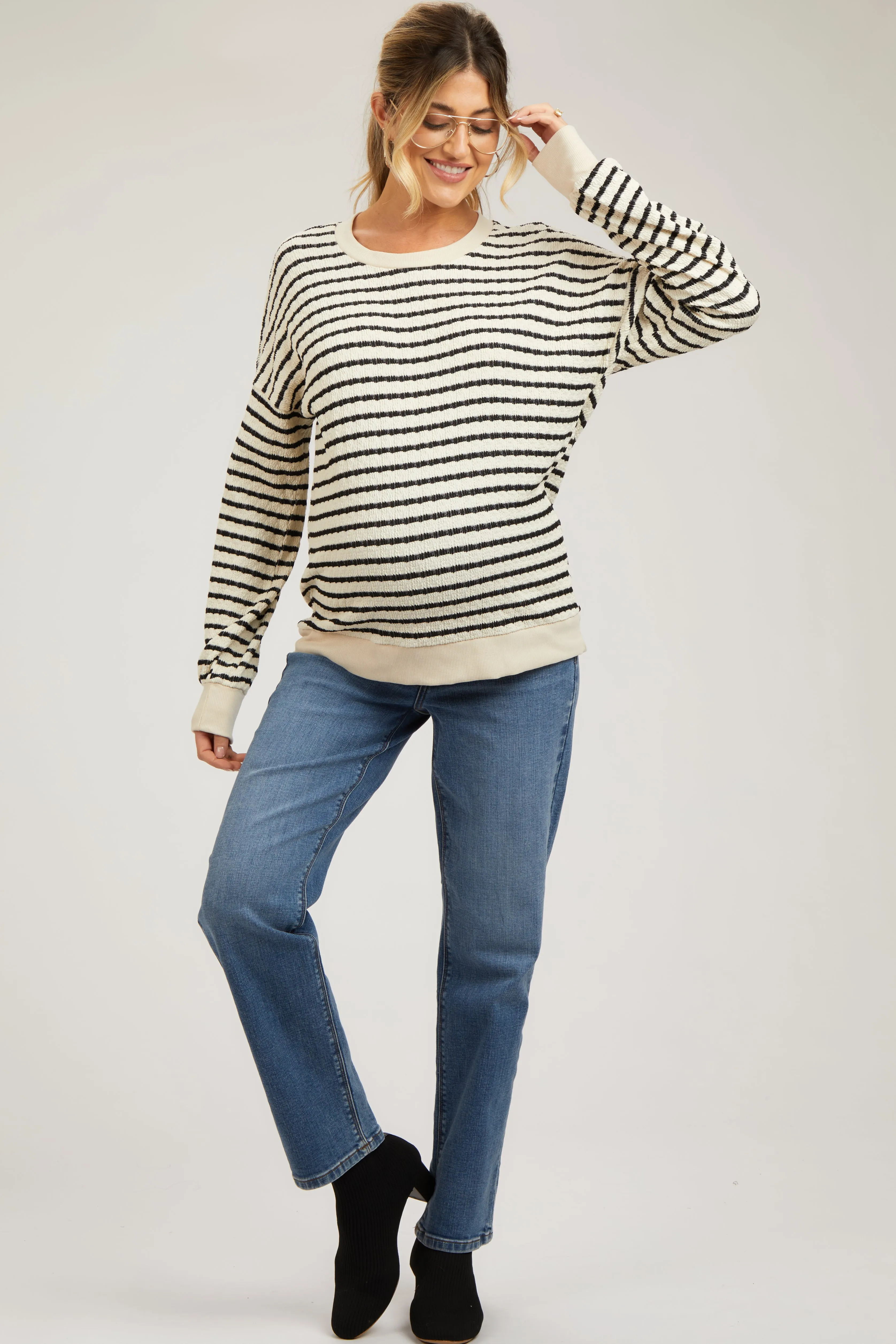 Cream Striped Textured Long Sleeve Maternity Top