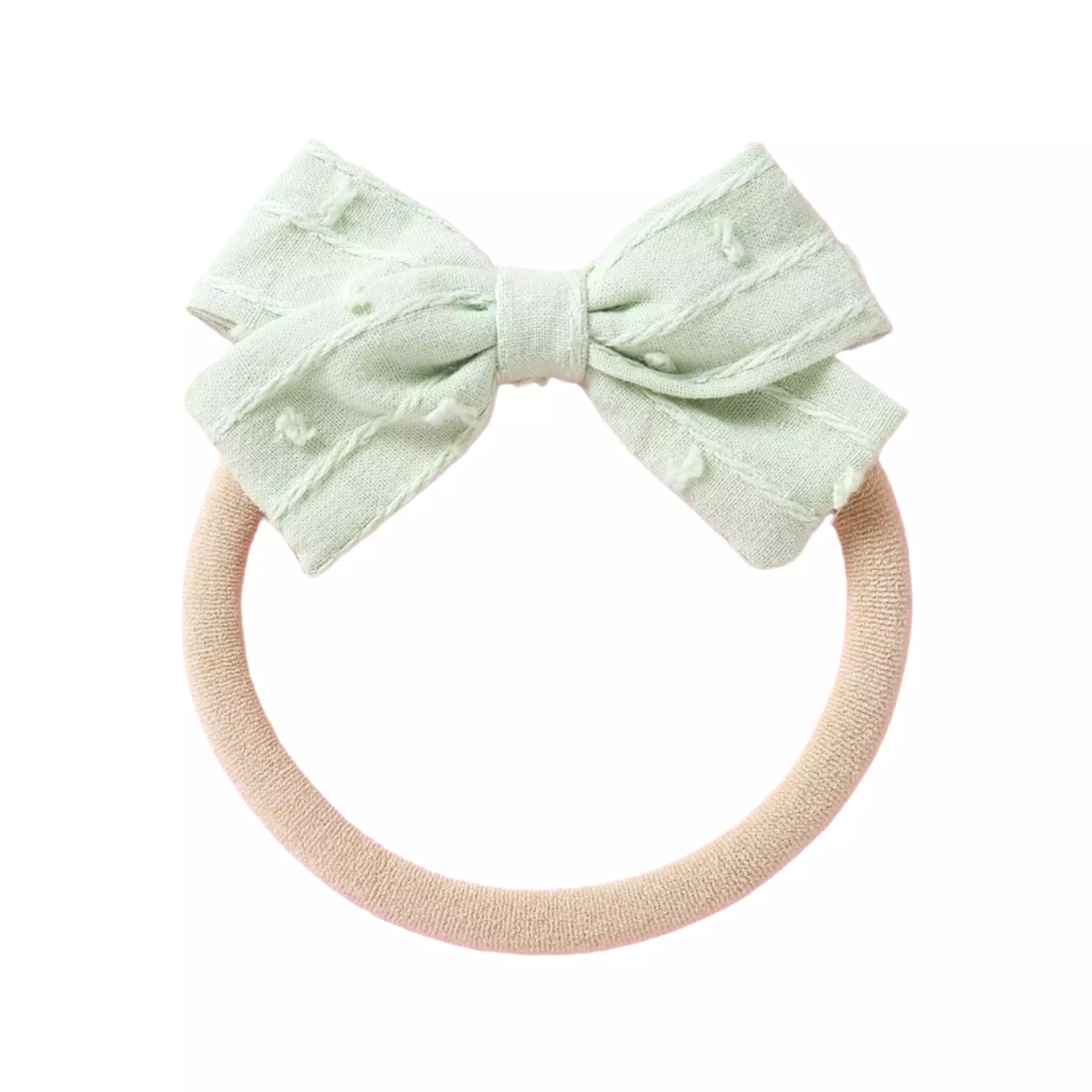 Dotty Embroidered Cotton Baby Bow in Mint