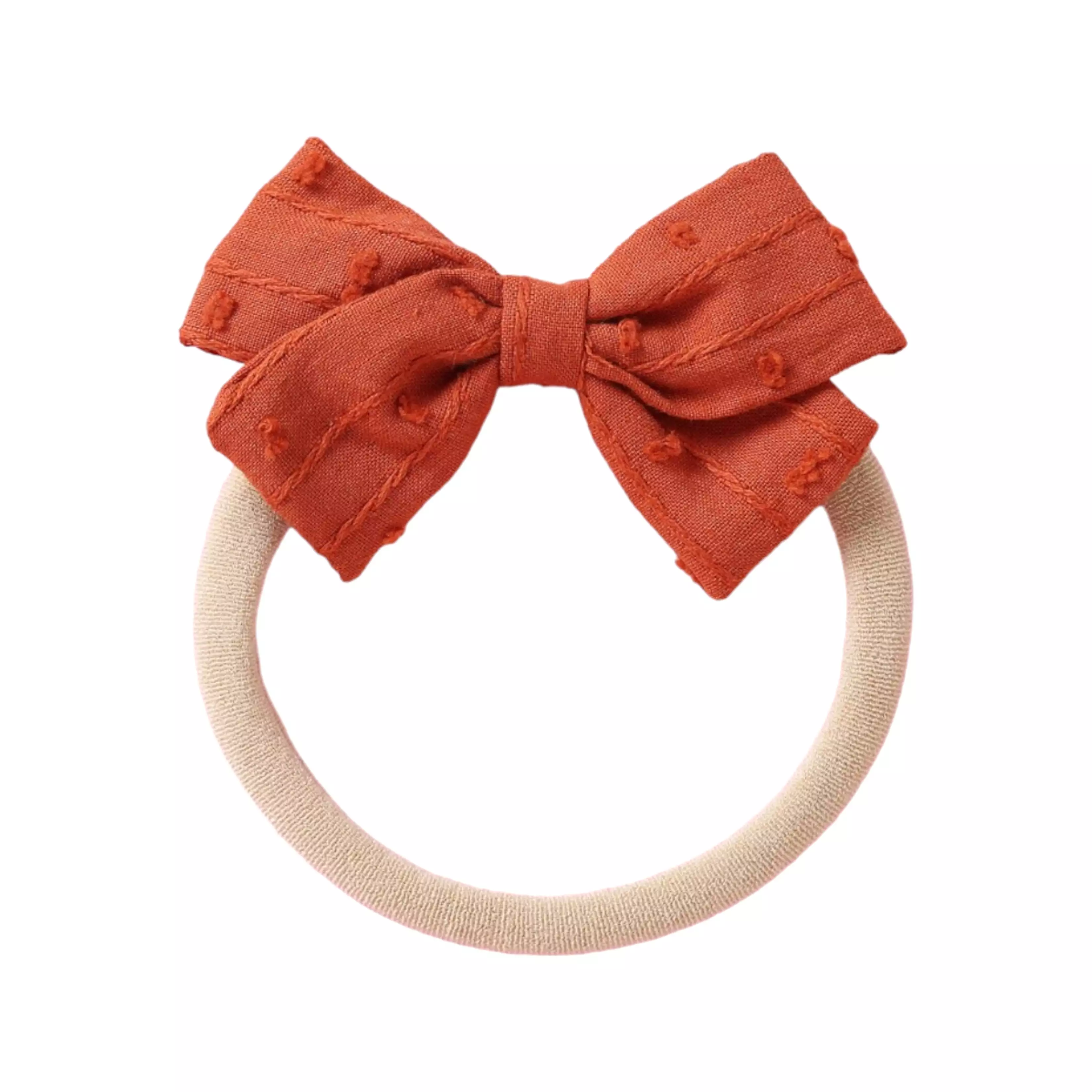 Dotty Embroidered Cotton Baby Bow in Peach