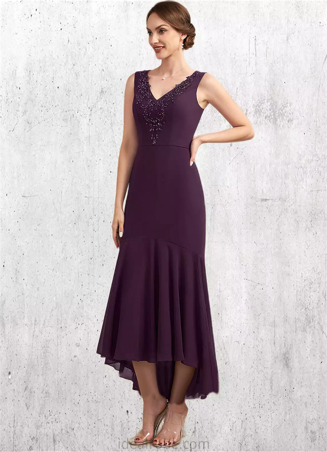 Eleanor Trumpet/Mermaid V-neck Asymmetrical Chiffon Mother of the Bride Dress With Lace Beading Sequins STK126P0014902