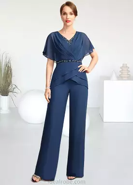 Eloise Jumpsuit/Pantsuit Separates V-Neck Floor-Length Chiffon Mother of the Bride Dress With Beading Pleated Sequins STKP002180