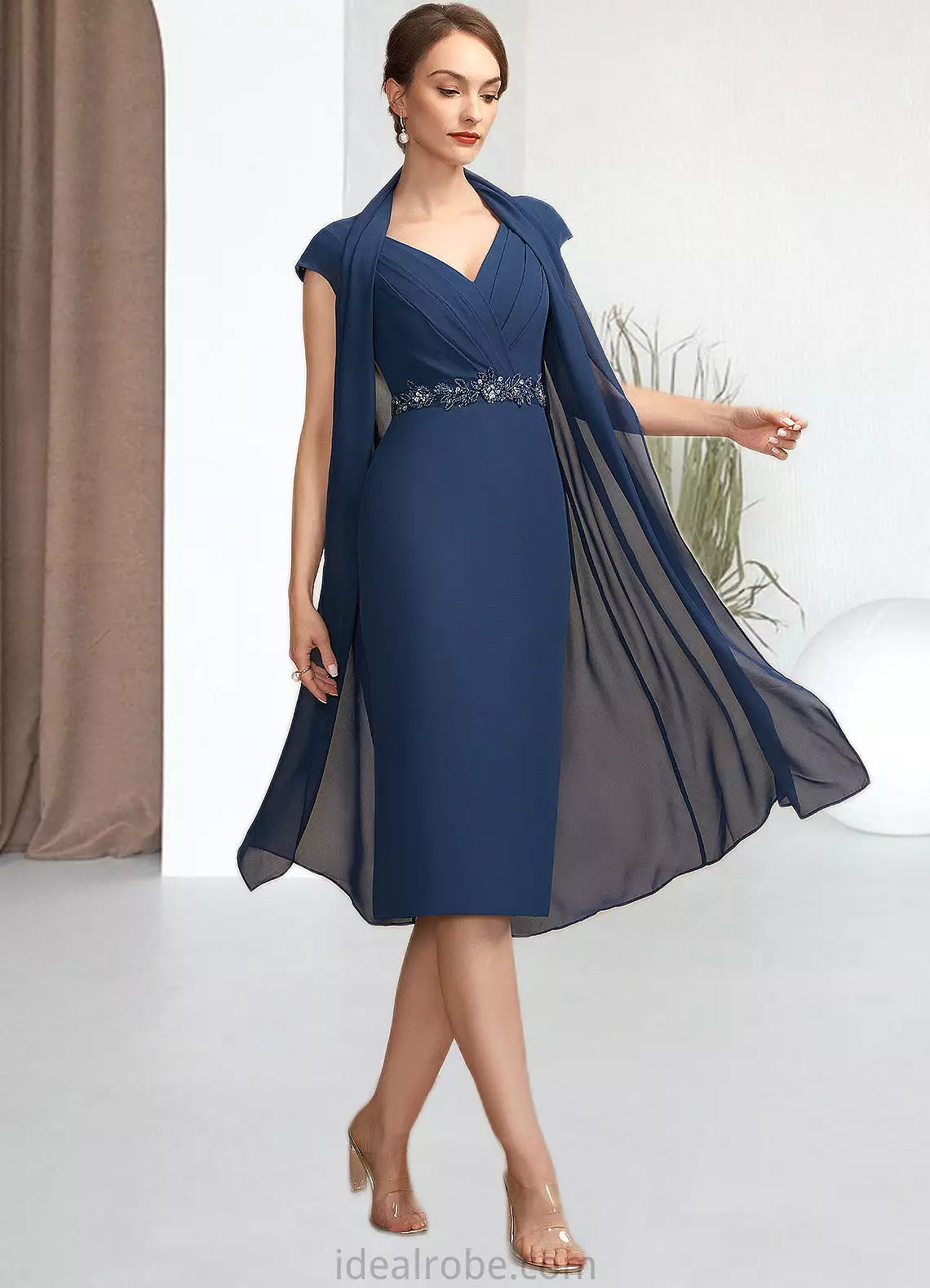 Emilia Sheath/Column V-neck Knee-Length Chiffon Mother of the Bride Dress With Ruffle Beading Sequins STK126P0014847