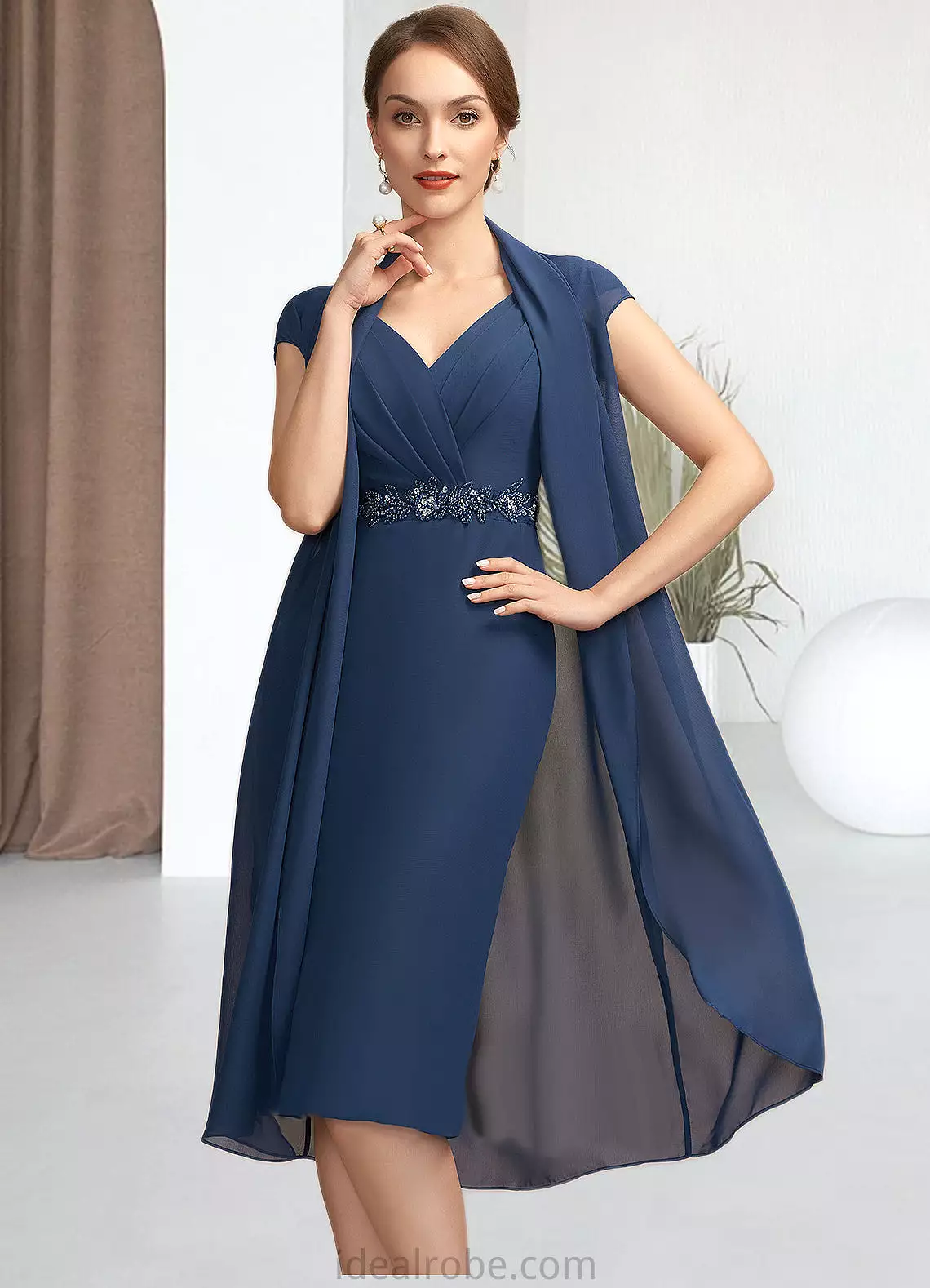 Emilia Sheath/Column V-neck Knee-Length Chiffon Mother of the Bride Dress With Ruffle Beading Sequins STK126P0014847