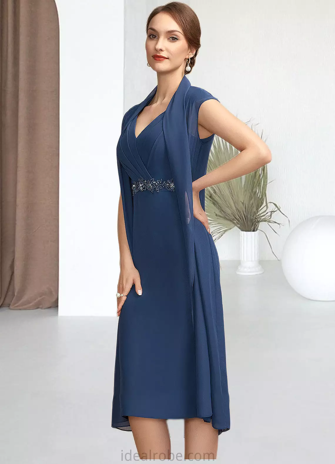 Emilia Sheath/Column V-neck Knee-Length Chiffon Mother of the Bride Dress With Ruffle Beading Sequins STK126P0014847