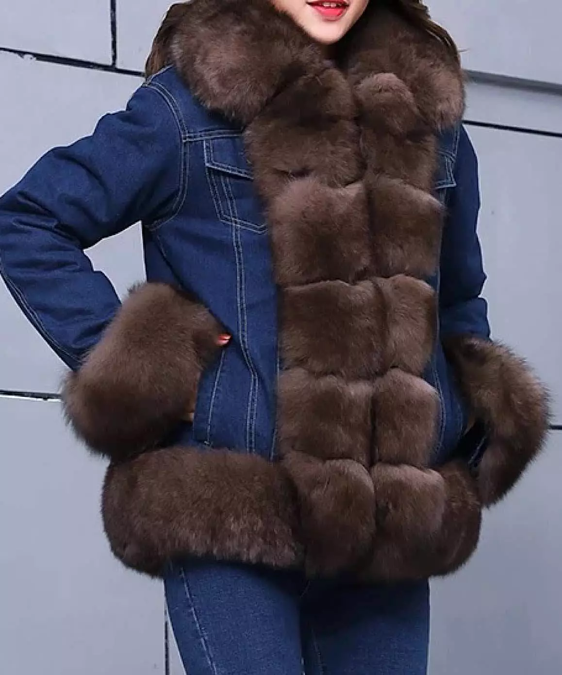 Fox Fur Trimmed Parka Denim Coat With Rabbit Fur Lining In Brown