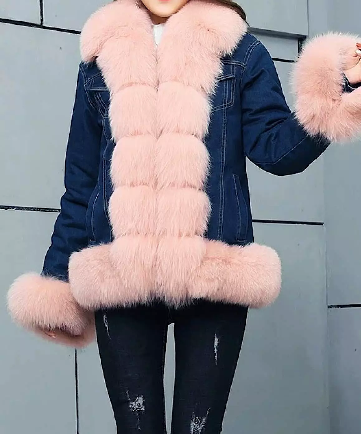 Fox Fur Trimmed Parka Denim Coat With Rabbit Fur Lining In Brown