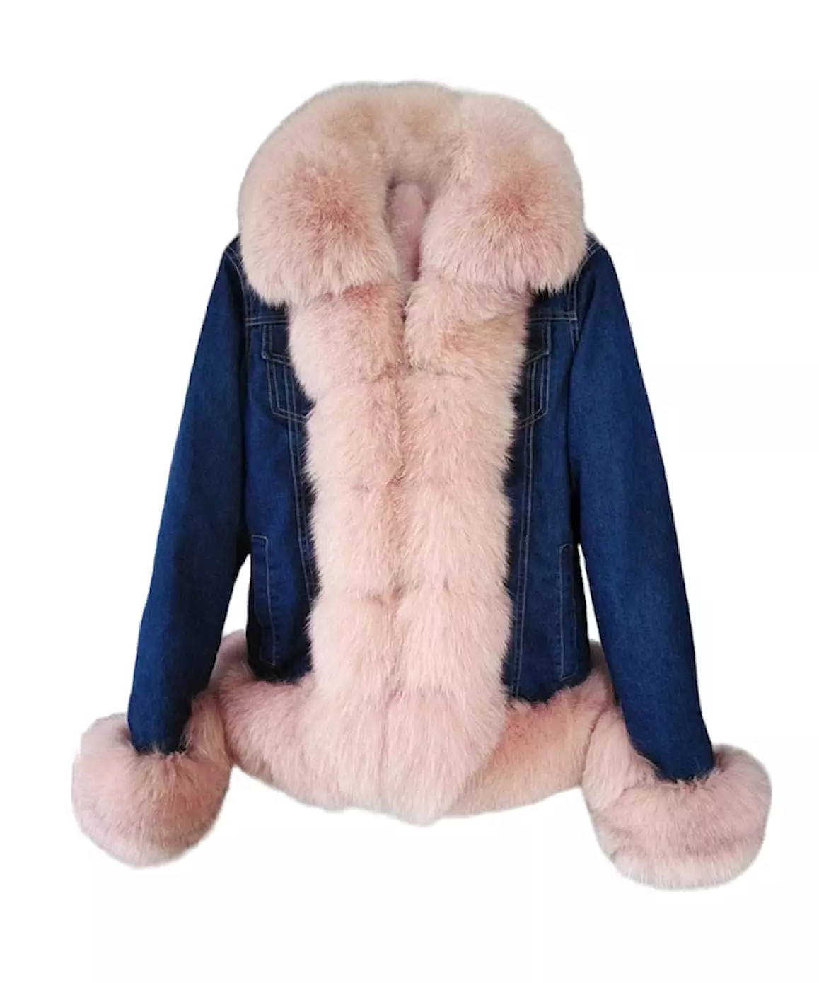 Fox Fur Trimmed Parka Denim Coat With Rabbit Fur Lining In Pink