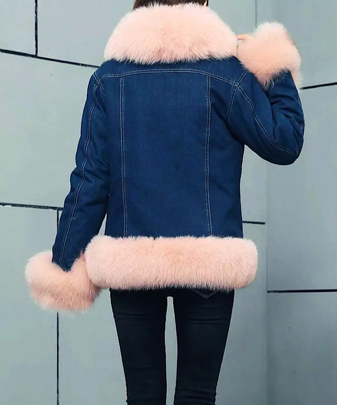 Fox Fur Trimmed Parka Denim Coat With Rabbit Fur Lining In Pink