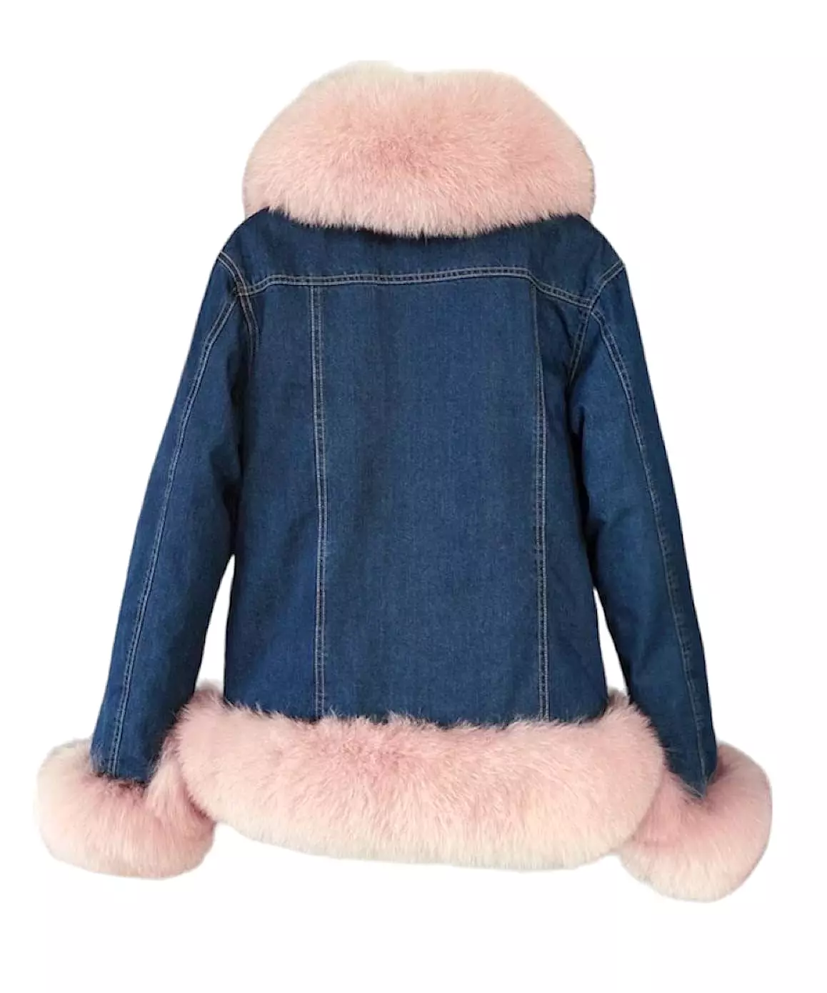 Fox Fur Trimmed Parka Denim Coat With Rabbit Fur Lining In Pink