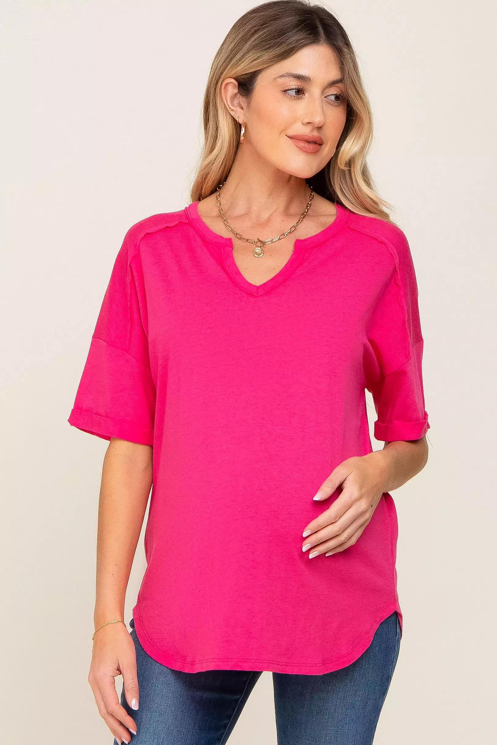 Fuchsia Oversized V-Neck Cuffed Short Sleeve Maternity Tee