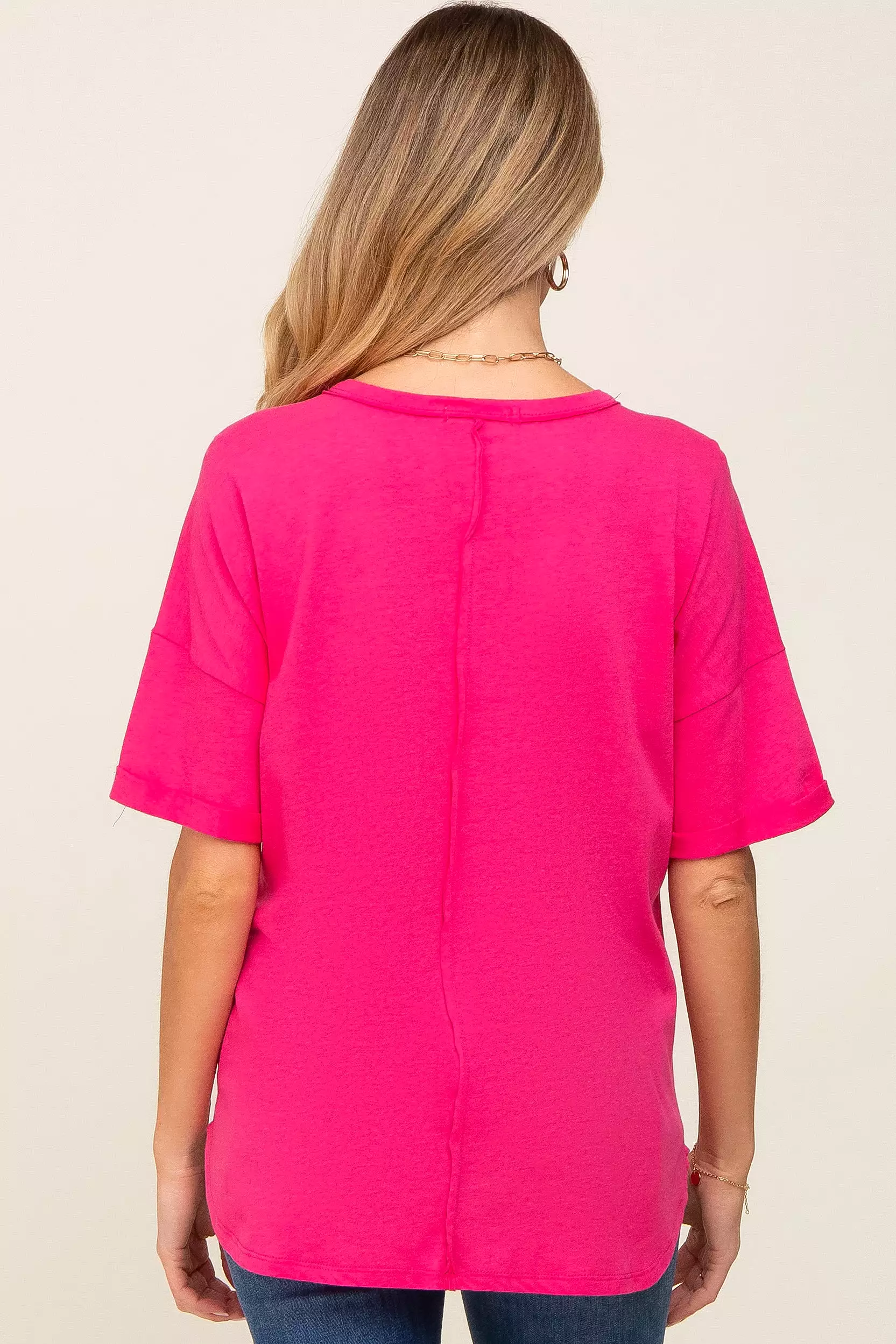 Fuchsia Oversized V-Neck Cuffed Short Sleeve Maternity Tee