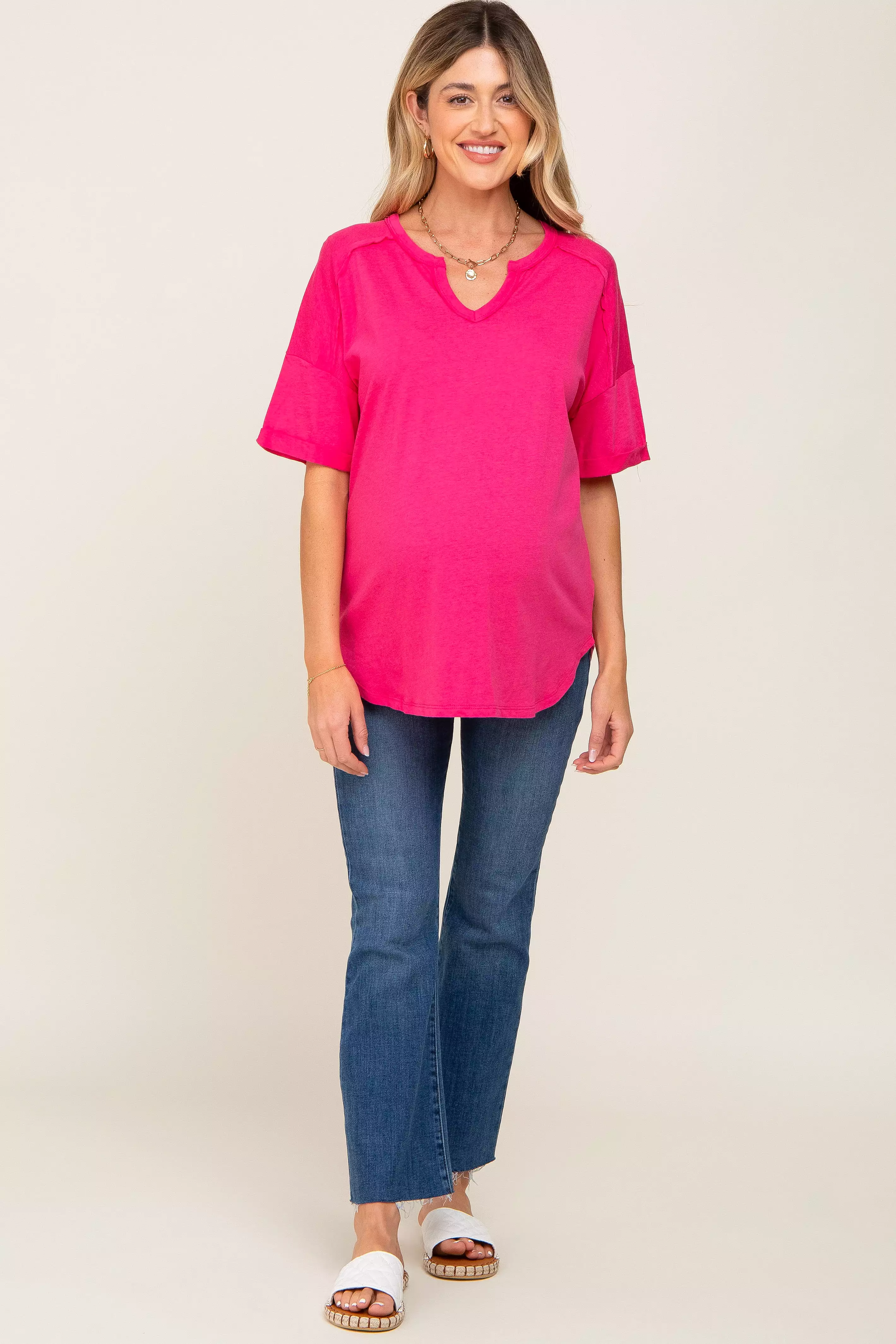 Fuchsia Oversized V-Neck Cuffed Short Sleeve Maternity Tee