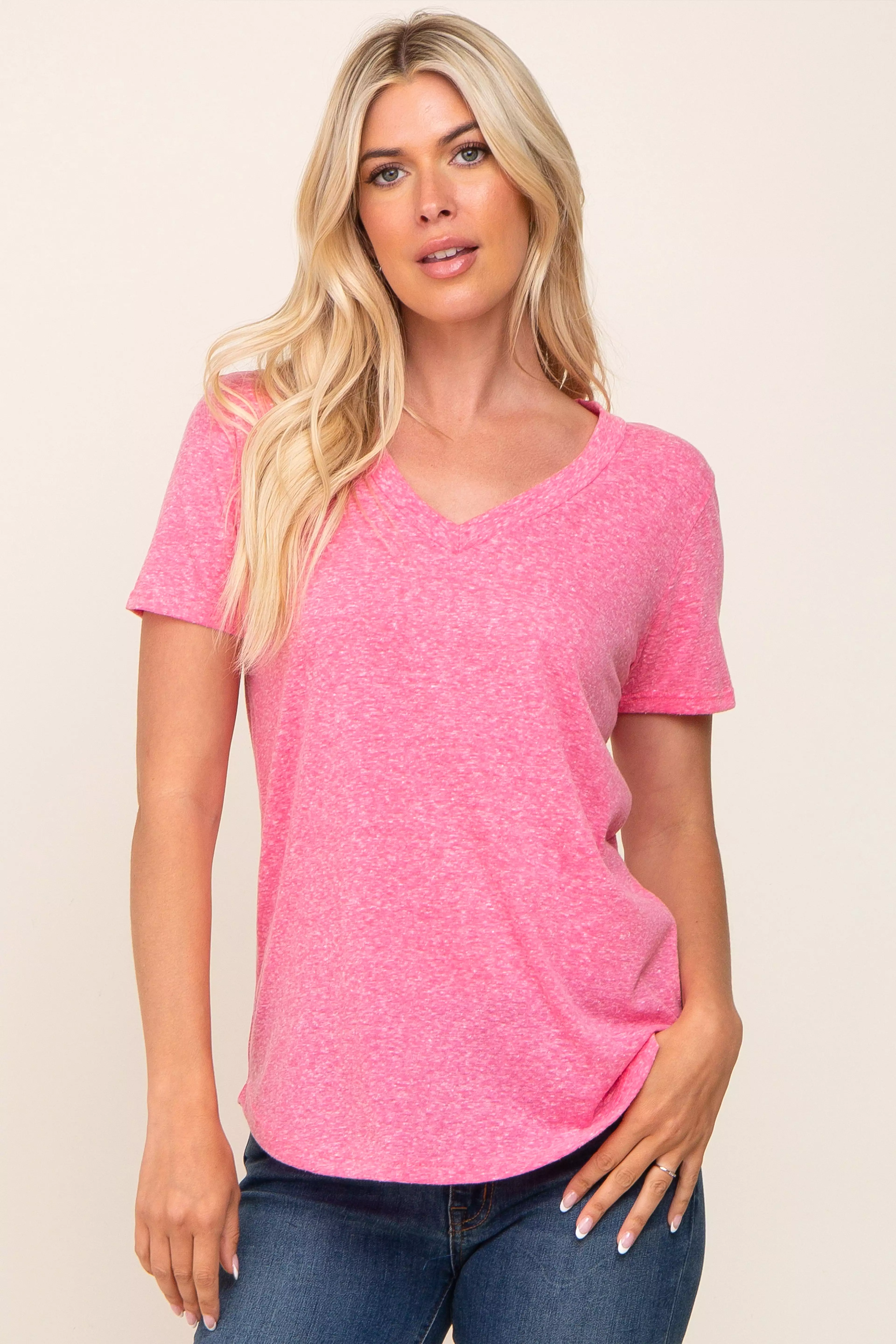 Fuchsia V-Neck Short Sleeve Maternity Tee