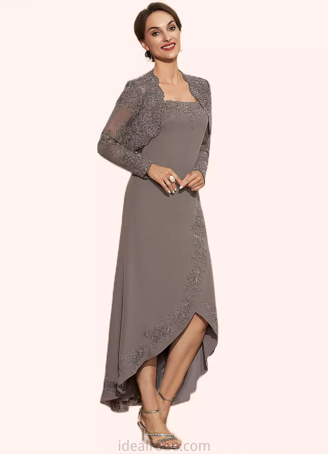 Grace A-Line Square Neckline Asymmetrical Chiffon Mother of the Bride Dress With Appliques Lace Sequins STK126P0014888