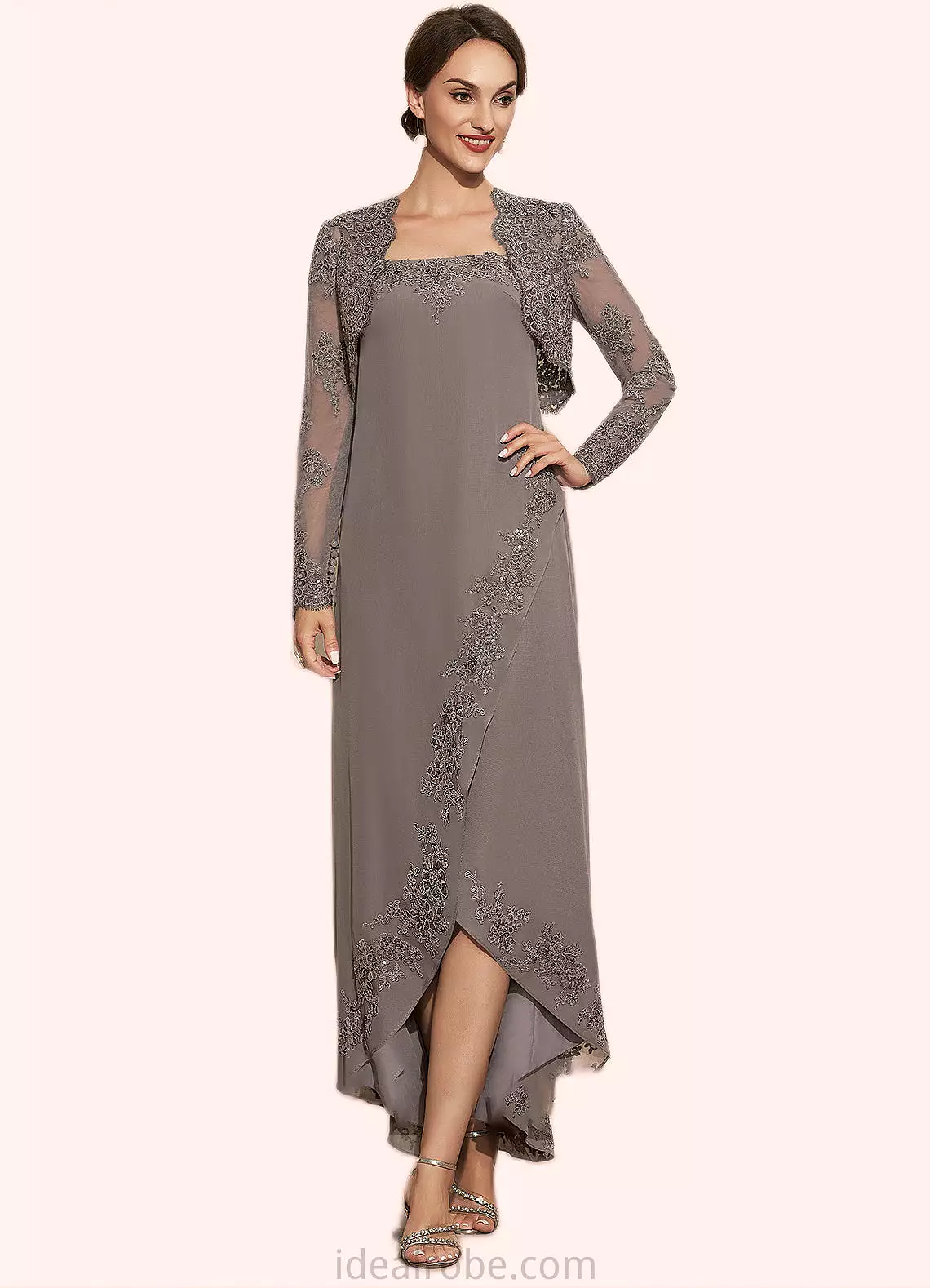 Grace A-Line Square Neckline Asymmetrical Chiffon Mother of the Bride Dress With Appliques Lace Sequins STK126P0014888