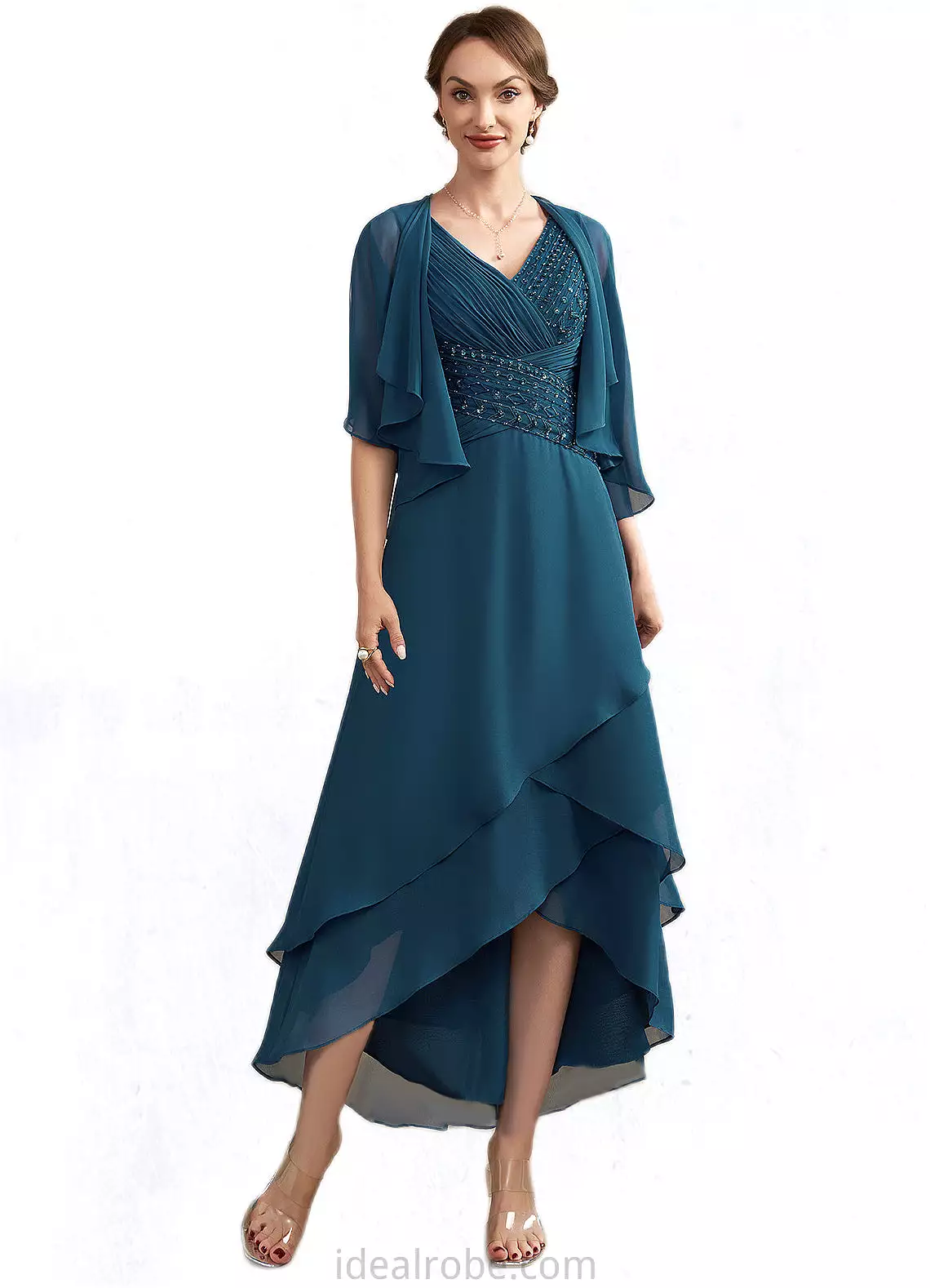 Grace A-Line V-neck Asymmetrical Chiffon Mother of the Bride Dress With Ruffle Beading Sequins STK126P0014671